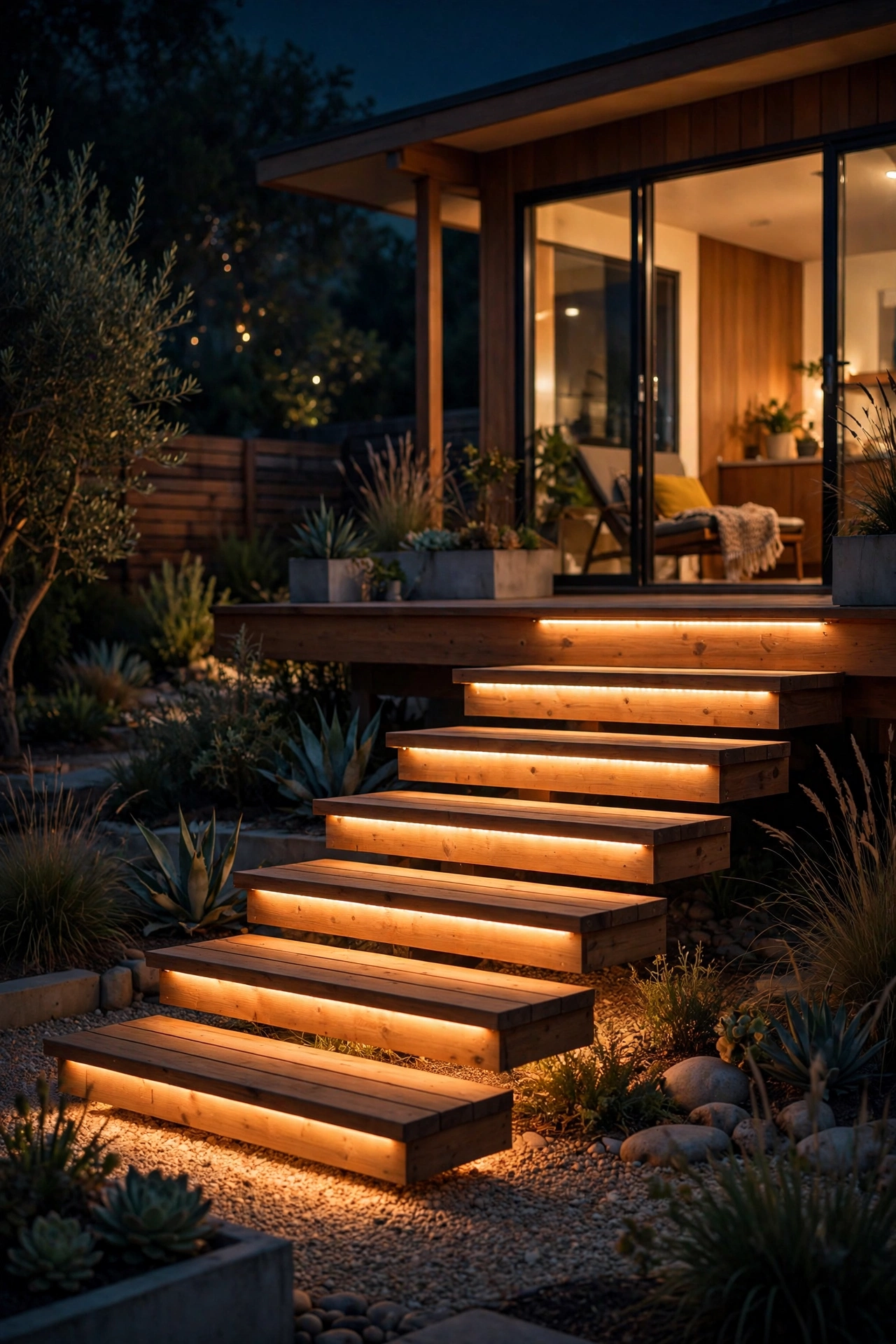 Warm LED strips glowing under floating wooden deck steps at night in a mid century modern backyard