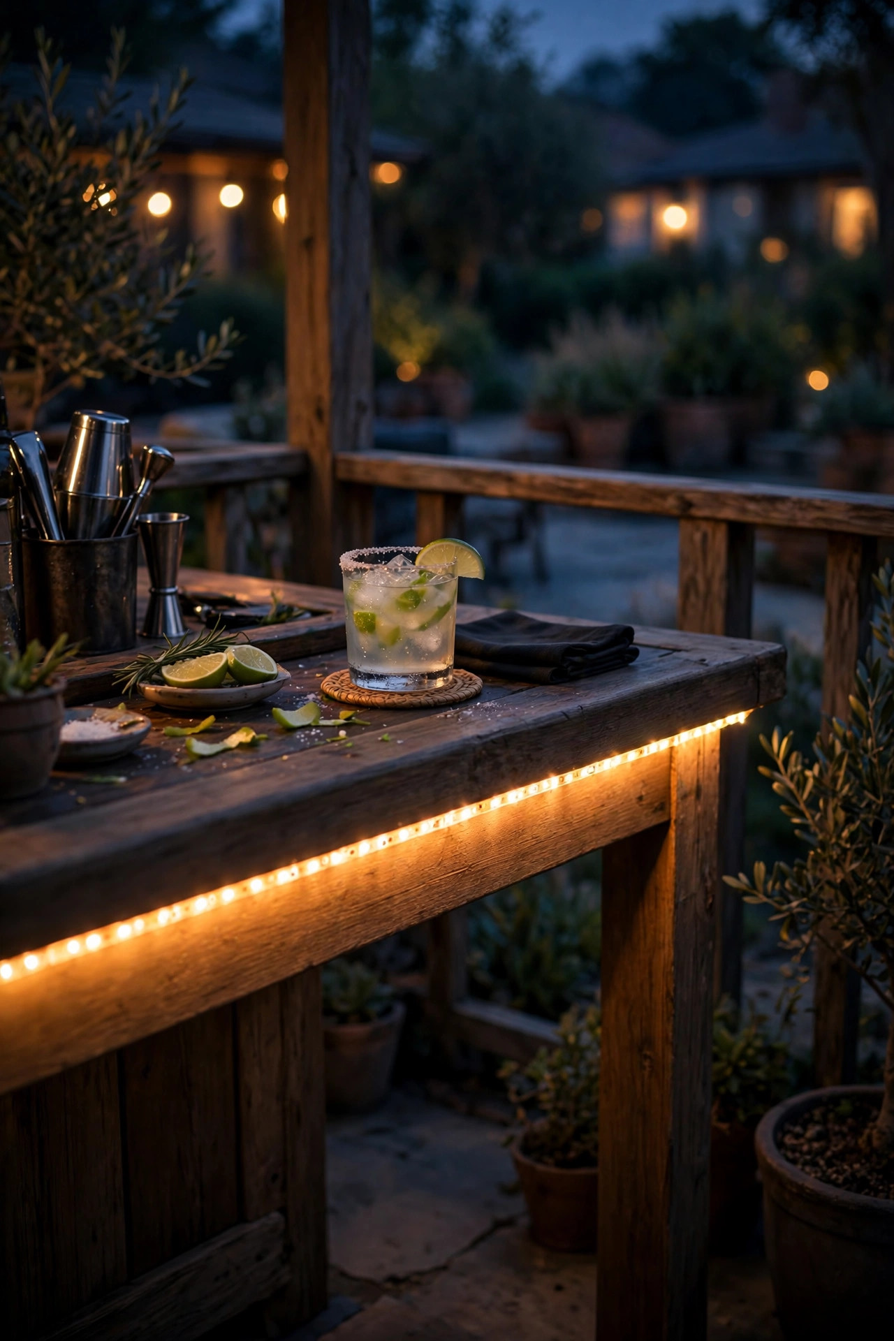 Warm LED strip glowing under the edge of an outdoor drink table and patio bar rail at night