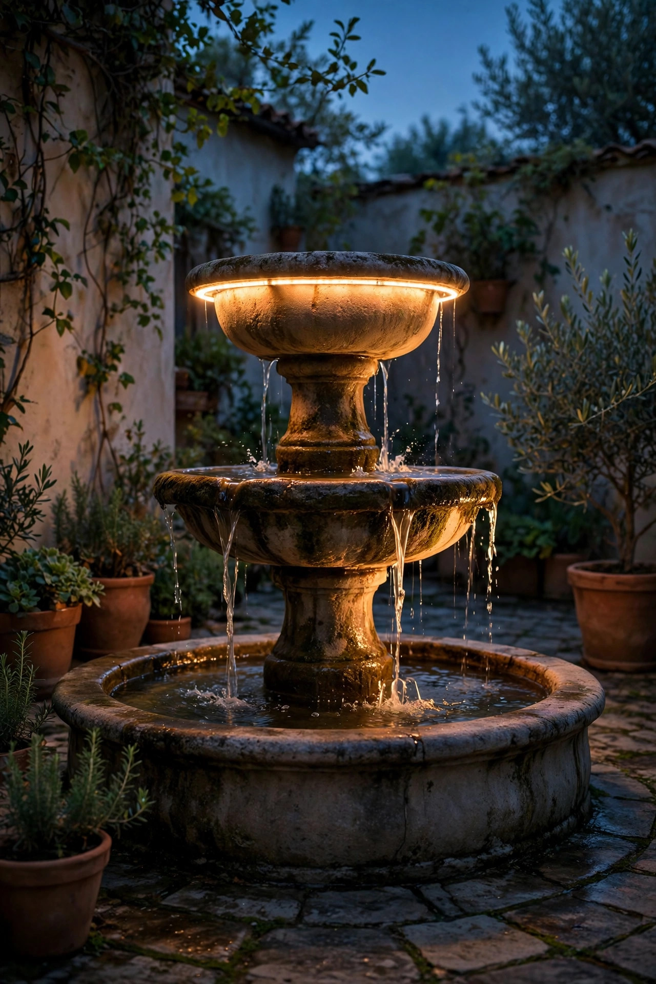 Warm LED strip light glowing under the rim of a tiered courtyard fountain at dusk
