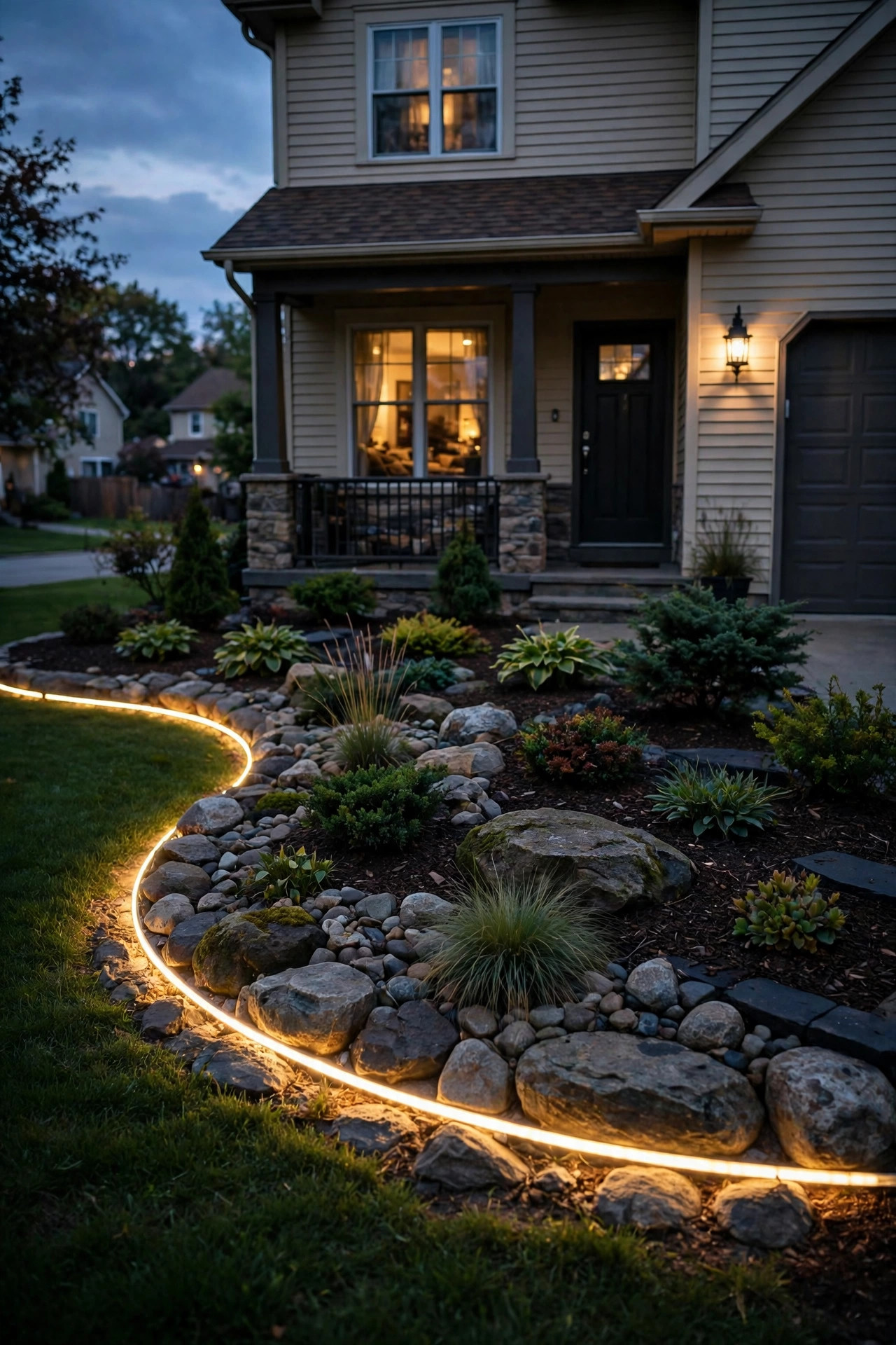 Hidden LED strip light tracing the curved edge of a rock garden bed with a soft ribbon of warm light