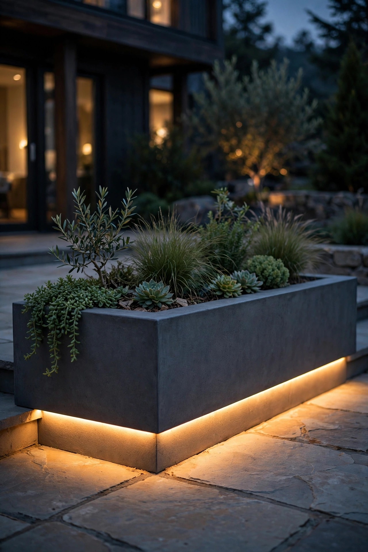 Modern rectangular patio planter with a warm LED strip glowing from beneath its rim at night
