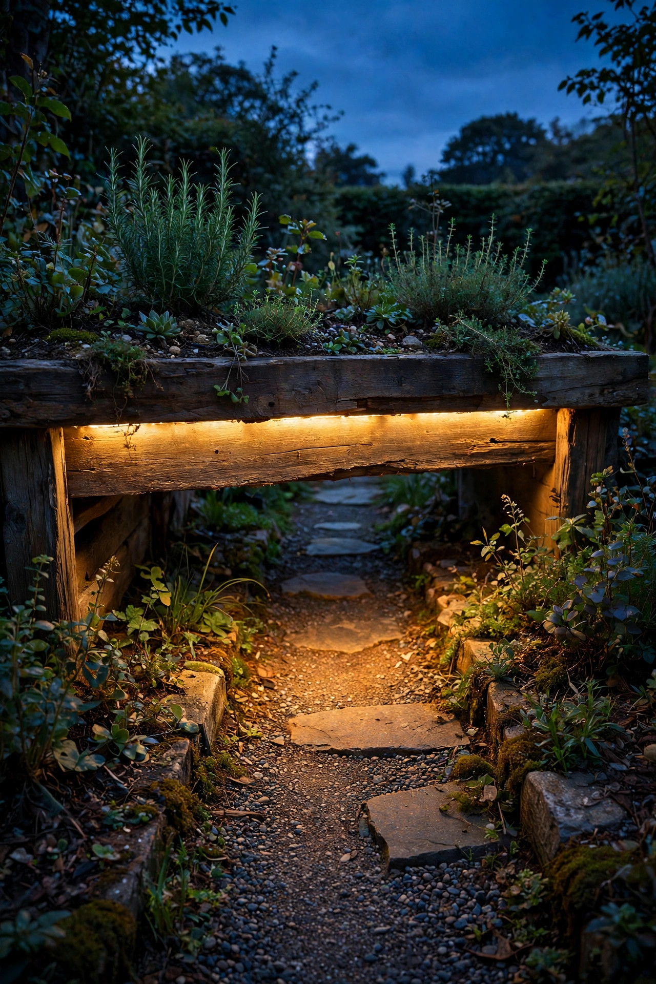 Warm LED strip hidden under the edge of a raised garden bed washing light down onto a narrow path at dusk