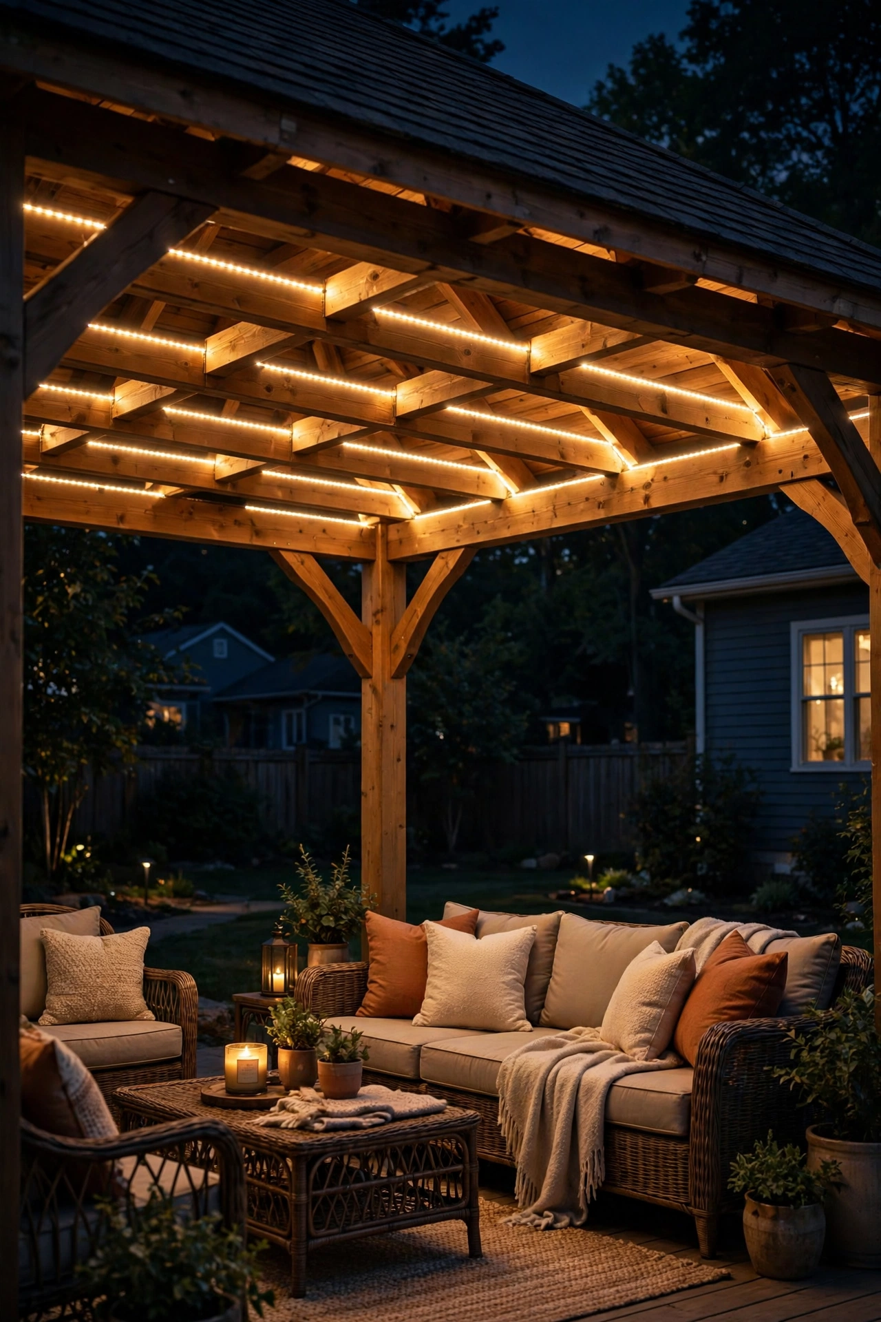 Hidden LED strip lights glowing along wooden gazebo roof beams at night