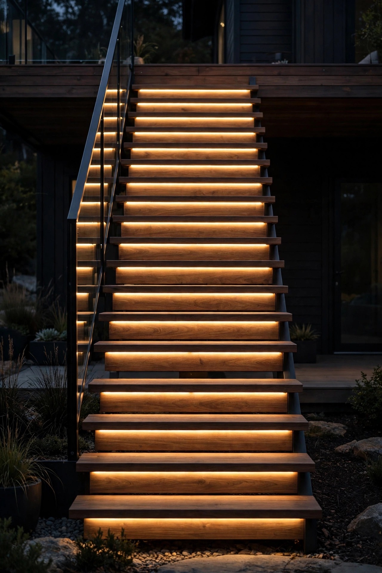 LED strip lights glowing in a continuous warm line beneath the tread nosing of modern floating deck stairs