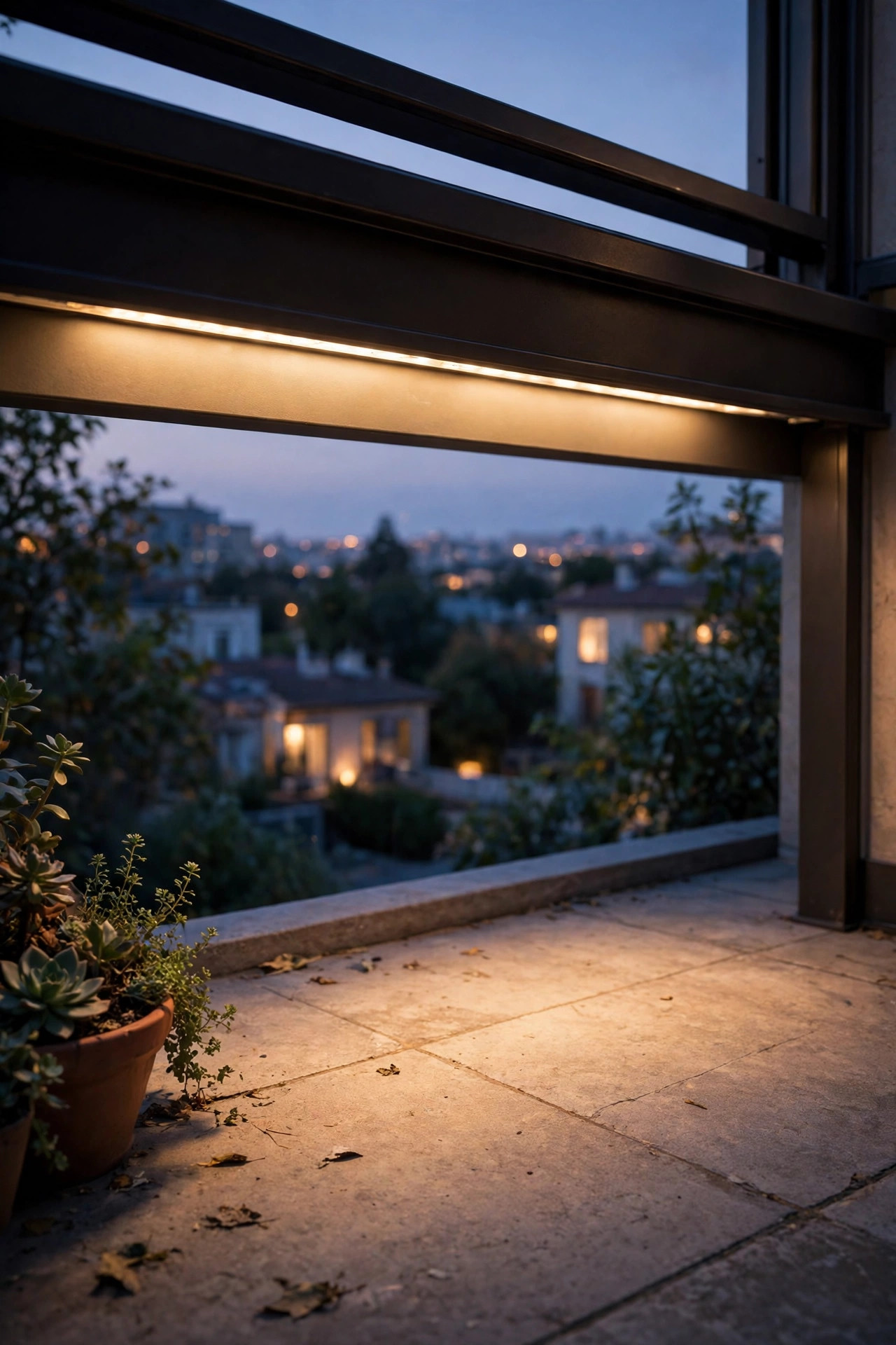 Hidden battery LED strip glowing from beneath a balcony top rail, light pooling softly on the balcony floor