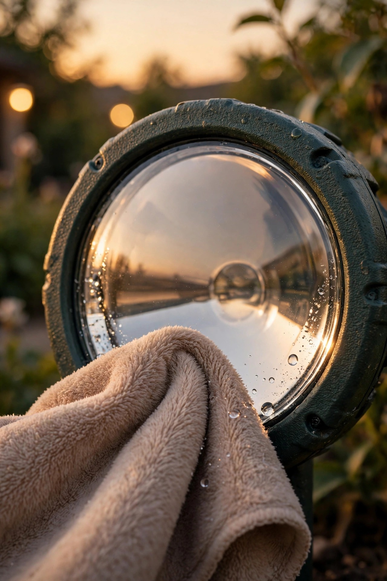 Solar light lens being polished clear with a soft cloth, water droplets and dust removed