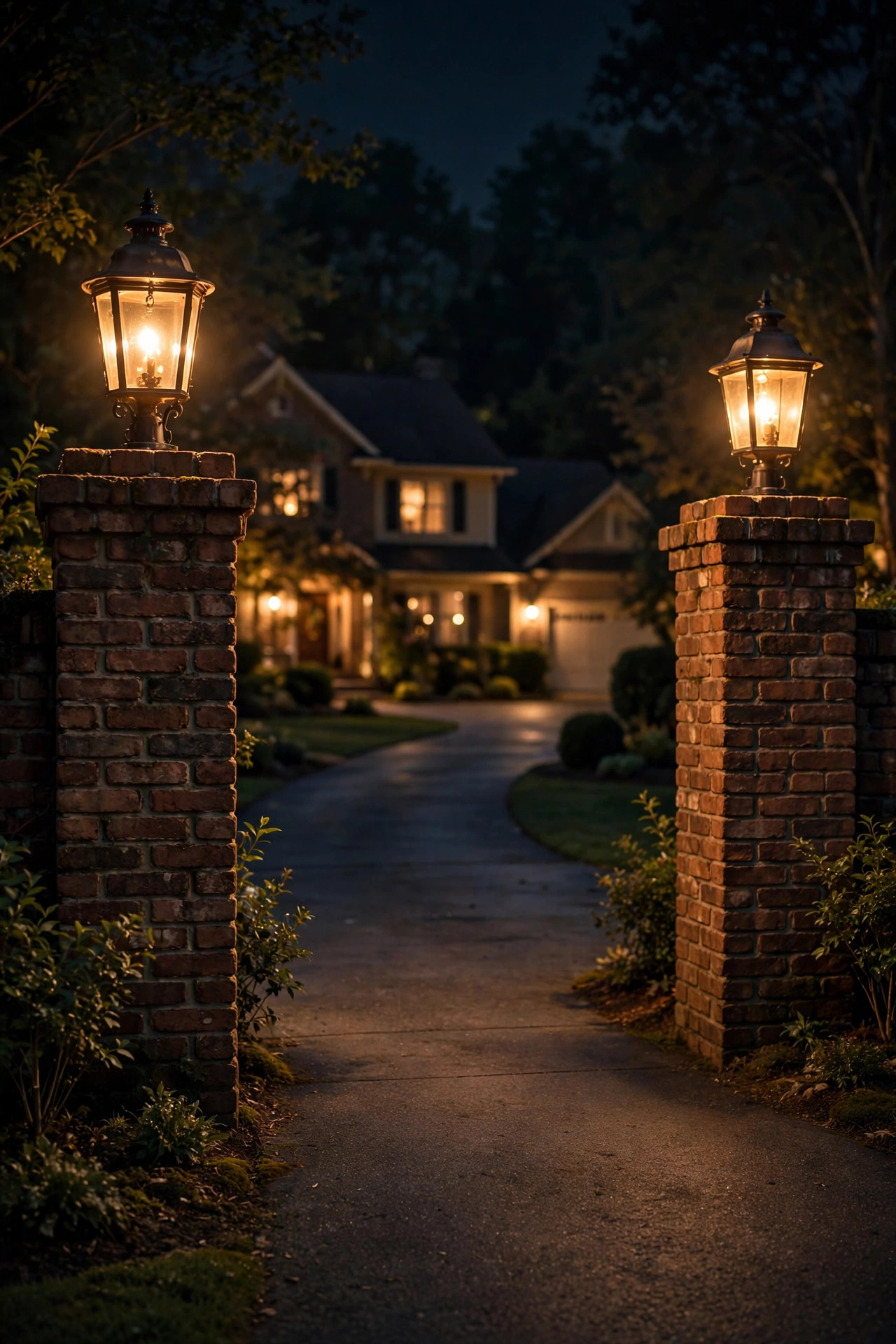 Two brick entrance pillars topped with glowing lanterns flanking a driveway at night