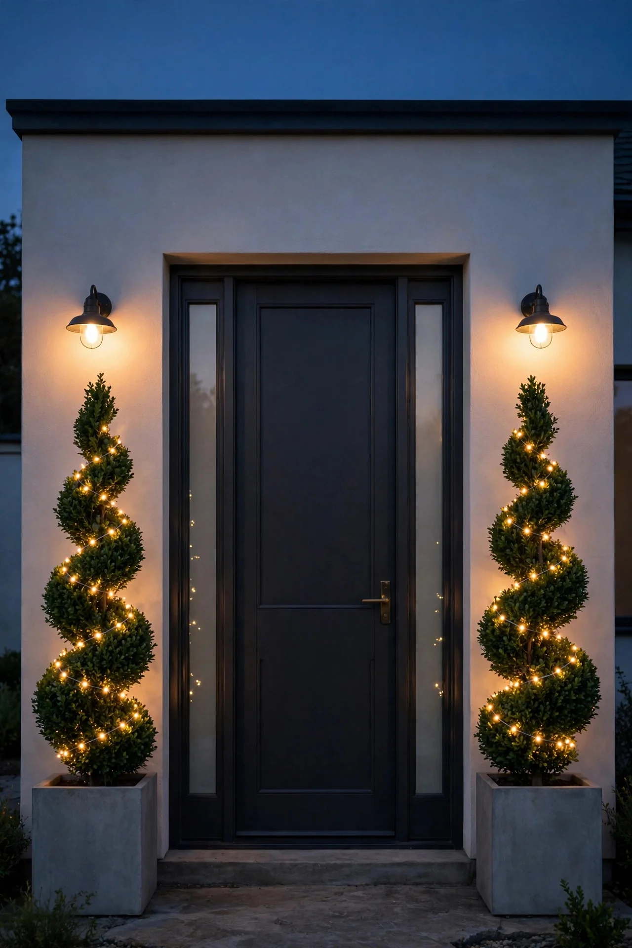 Two matching lit topiary trees with white lights flanking a front door at dusk