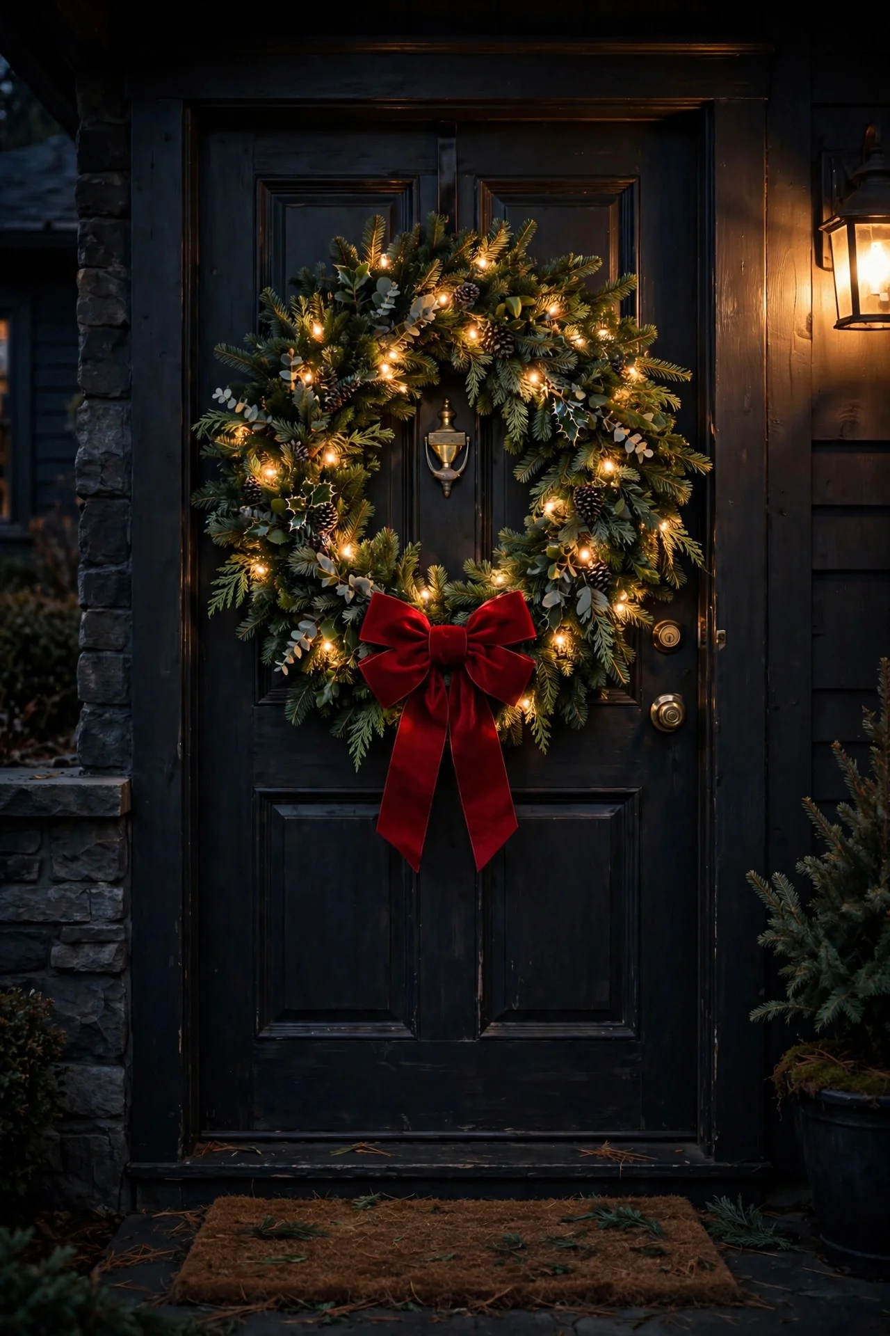 Large evergreen wreath with warm fairy lights and a red bow hanging on a dark front door at night