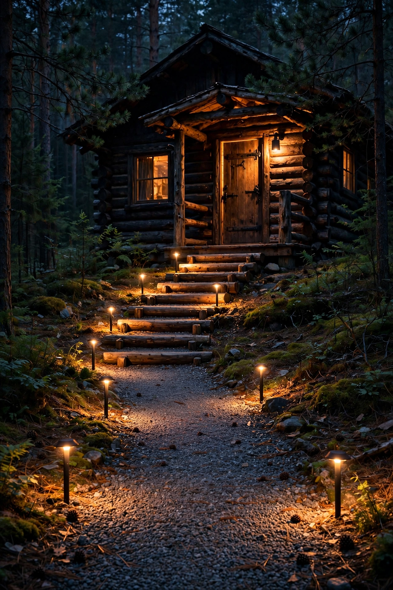 Warm path lights lining log steps and a gravel walkway leading to a rustic cabin door