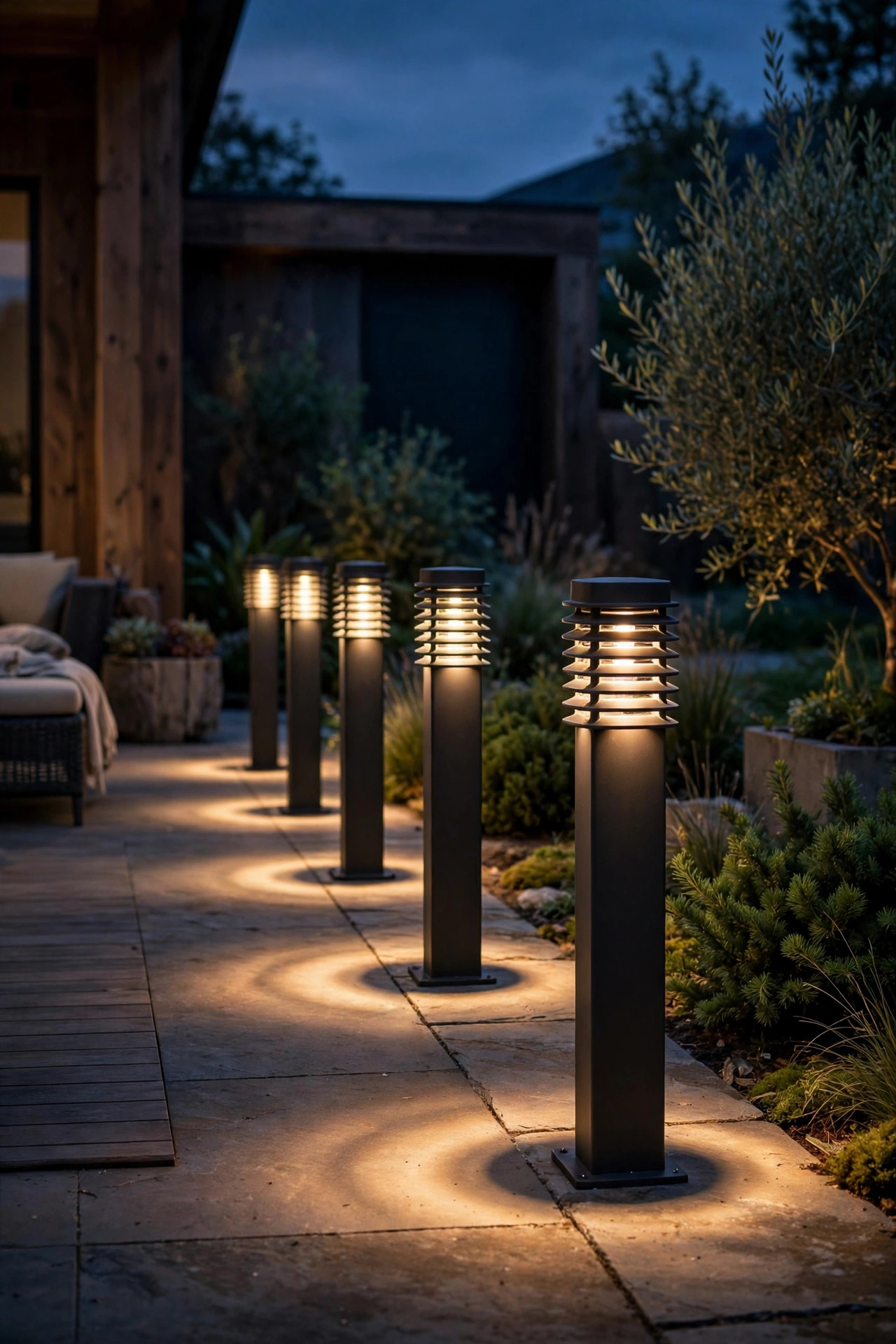 Louvered bollard lights lining the edge of a patio at night, casting downward rings of warm light with no glare