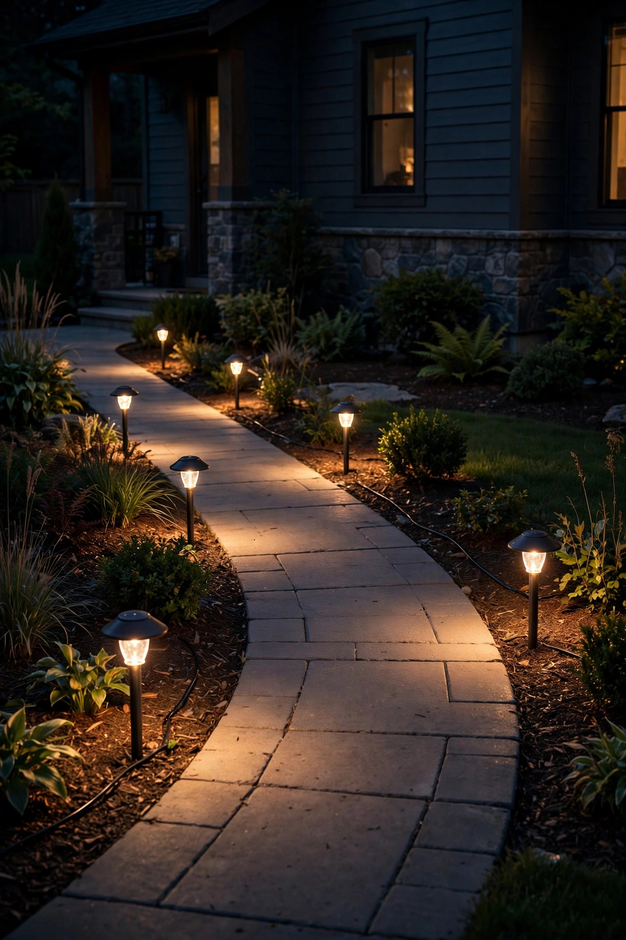 Low-voltage path lights running along a walkway at night, wired landscape lighting with warm even brightness