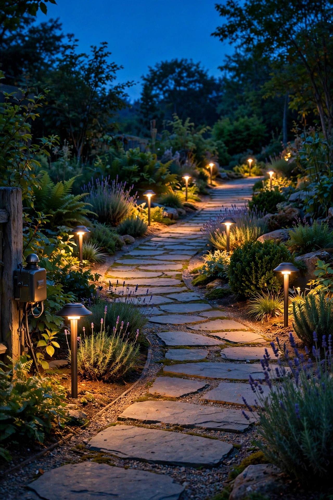 Curved garden path at dusk lit by a series of low-voltage path lights all switched on together by one photocell transformer