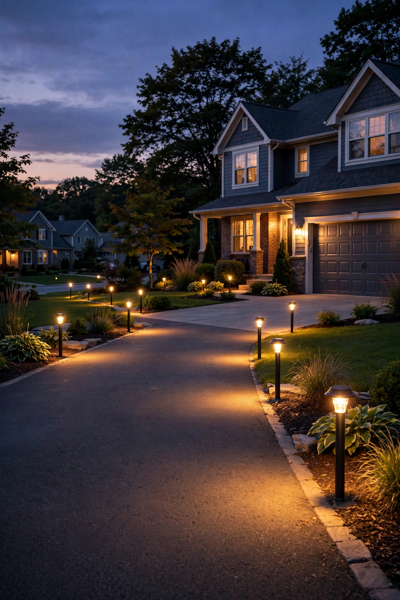 Low-voltage wired driveway bollard lights with even warm glow along a residential driveway