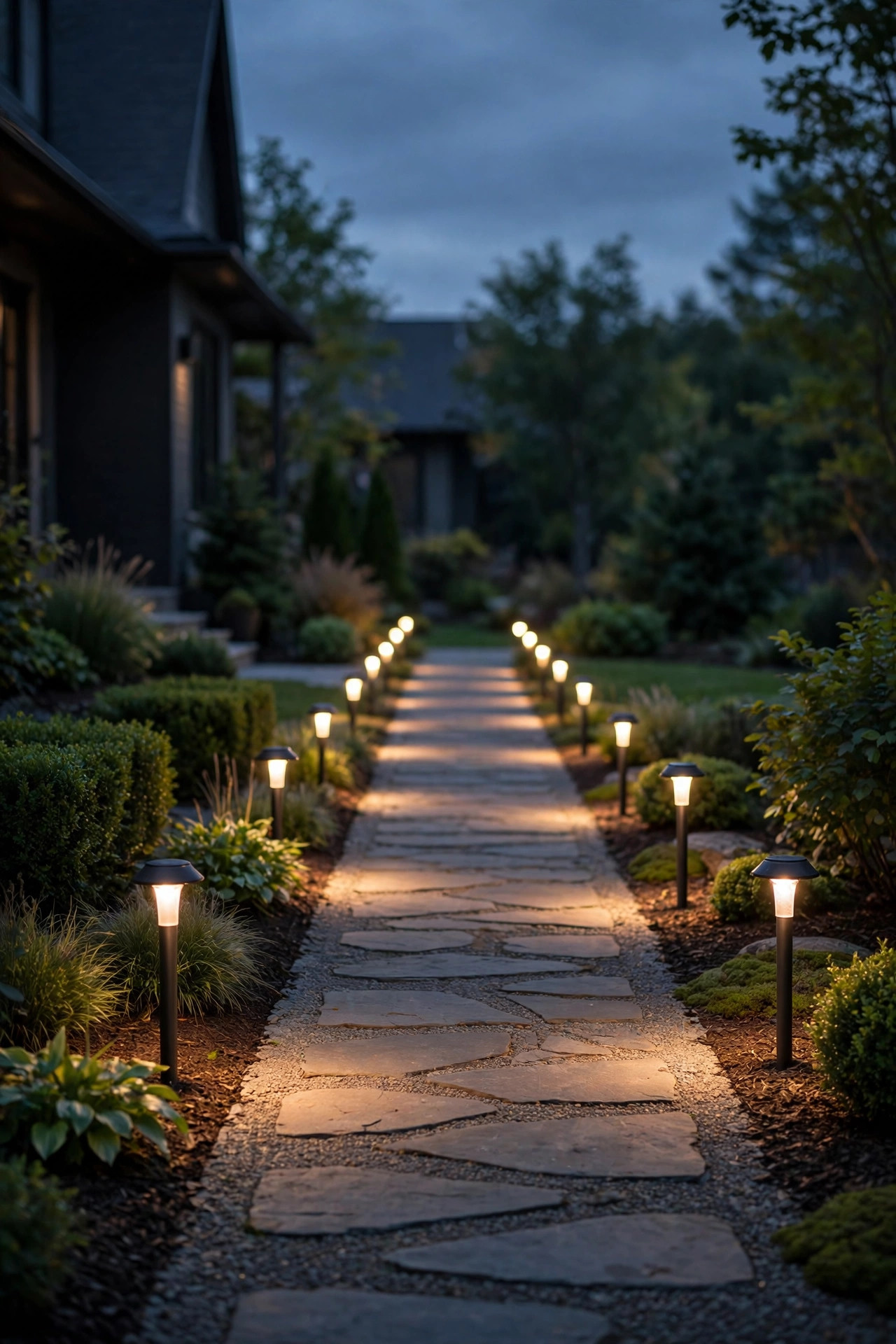 Row of path lights at comfortable brightness glowing evenly along a front walkway showing right-sized lumens at dusk
