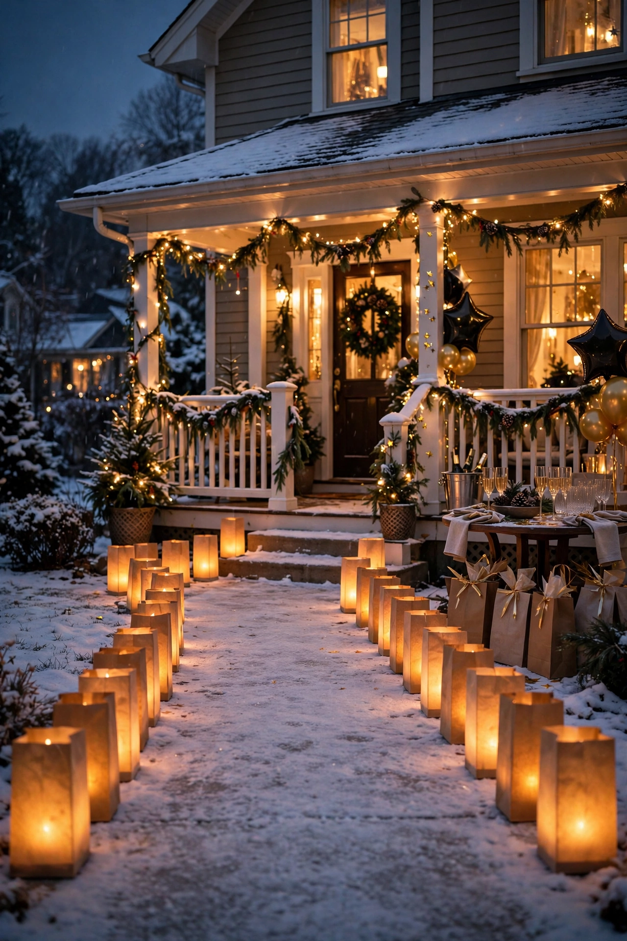 Glowing luminaria bags lining a walkway to an outdoor New Year's Eve party