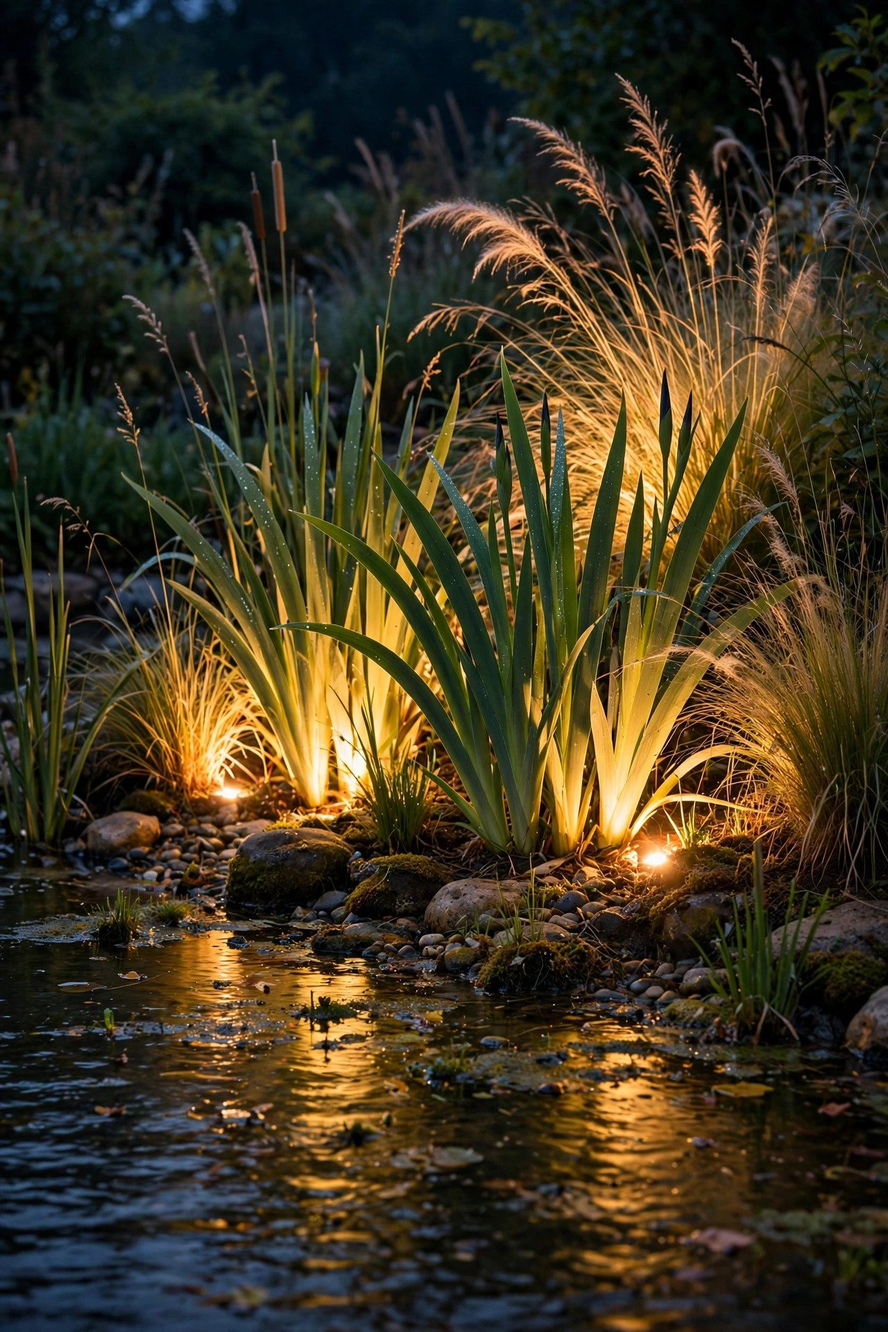 Warm uplight glowing through iris leaves and ornamental grasses at the shallow margin of a pond at night