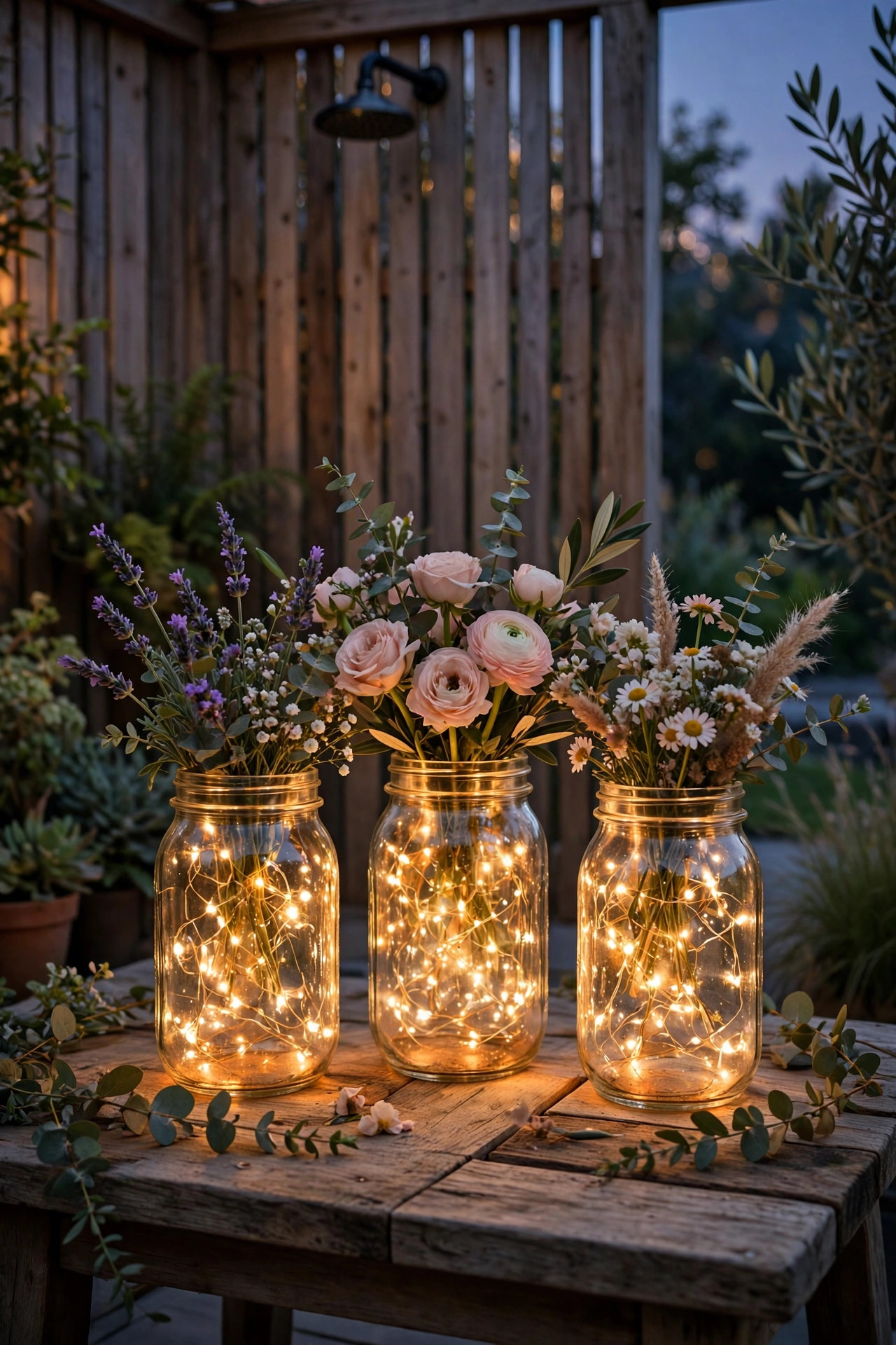 Mason jars filled with warm fairy lights and flowers as outdoor shower table centerpieces
