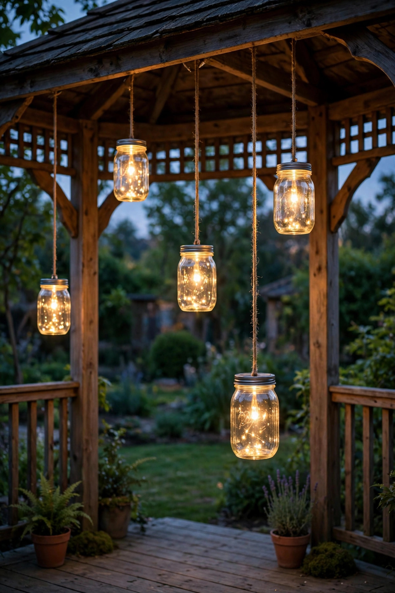 Hanging solar mason jar lights at staggered heights inside a gazebo