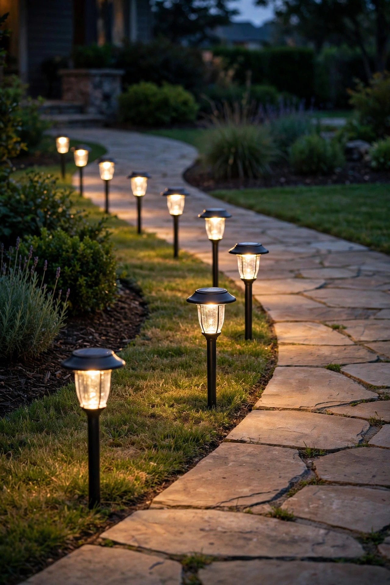 Matching warm white solar path lights in a straight even row along a curved front walkway