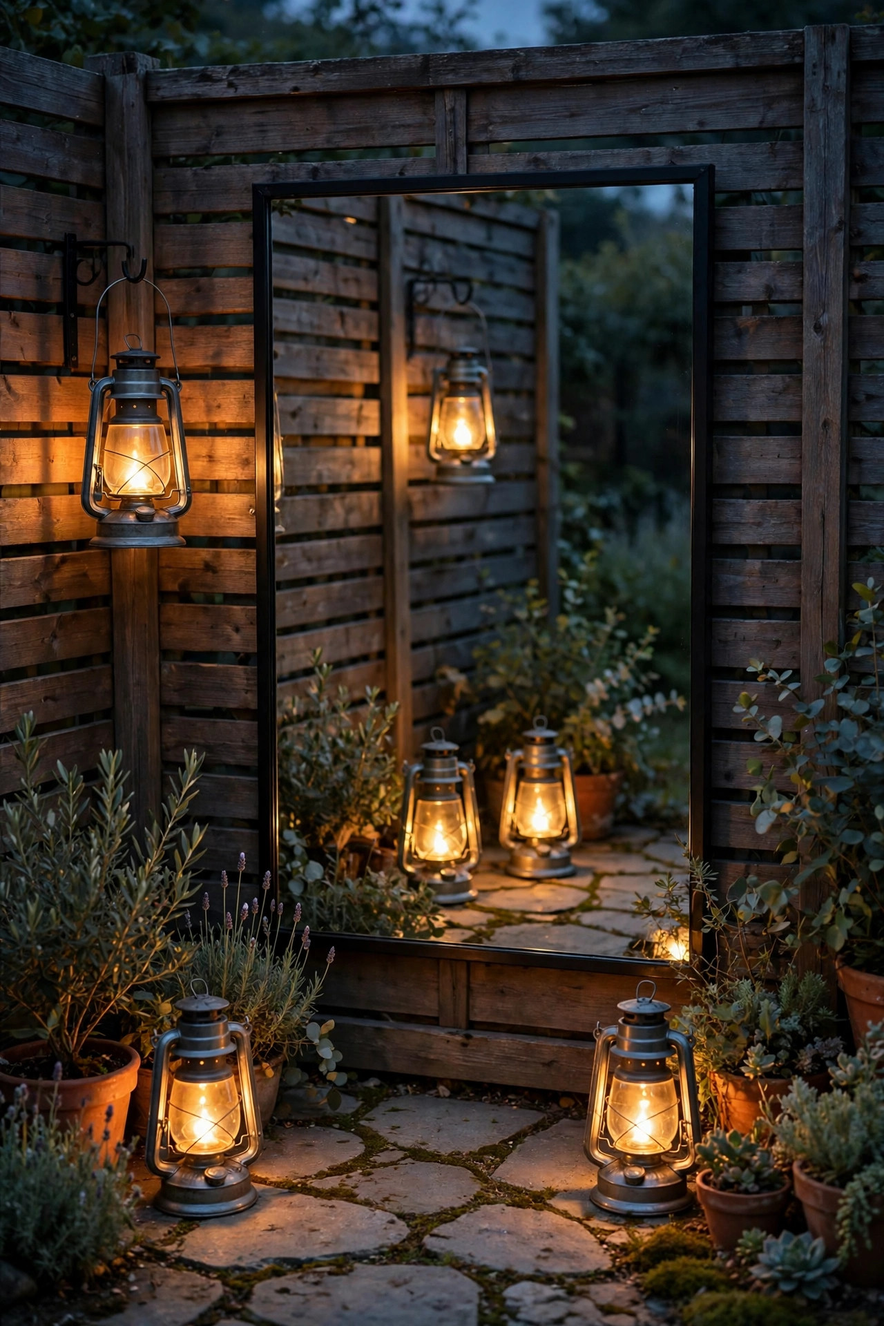 Lanterns glowing on a small patio in front of a framed outdoor mirror panel on the fence, their warm light doubled in the reflection