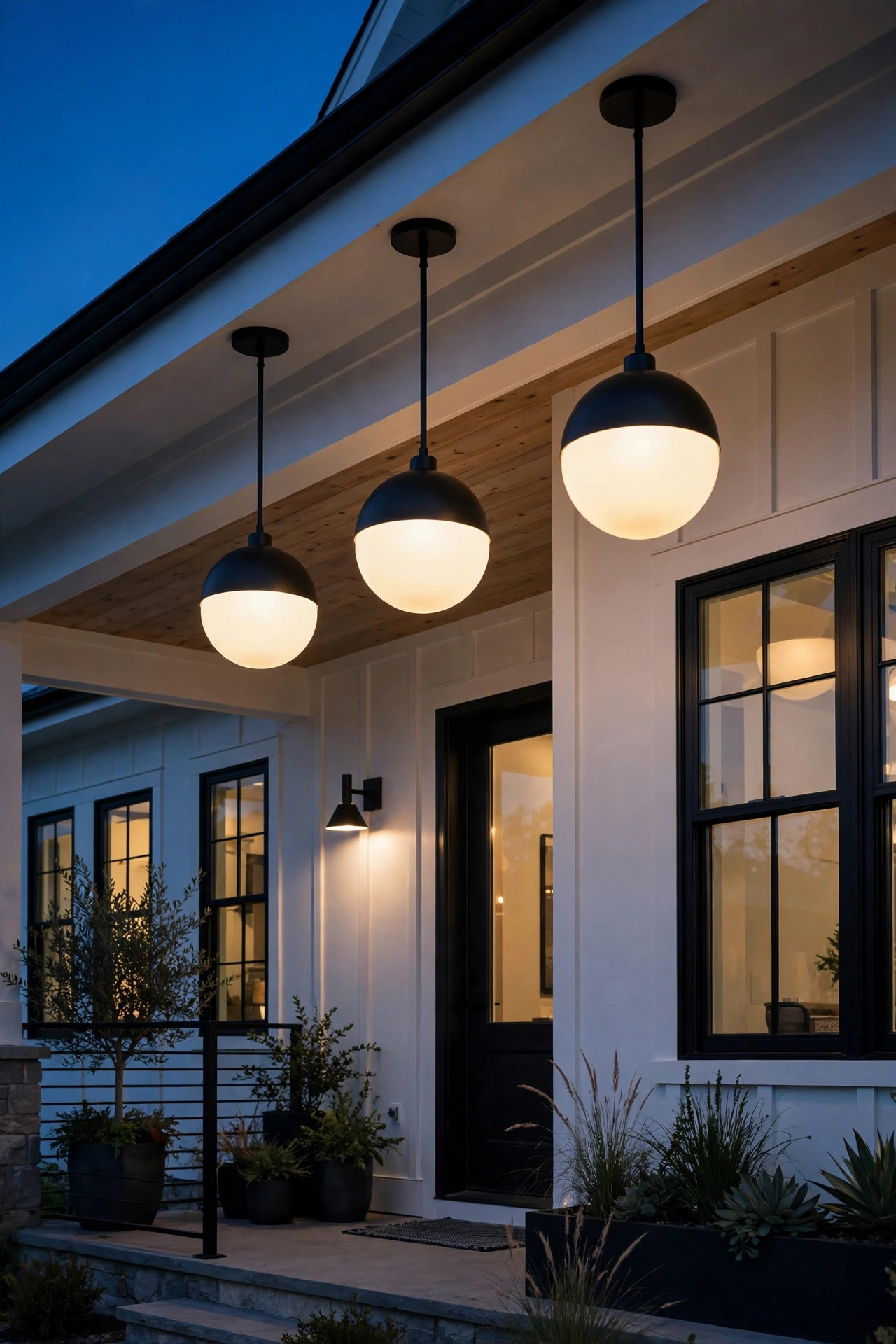 Matte black globe pendant lights glowing over a modern front porch at dusk