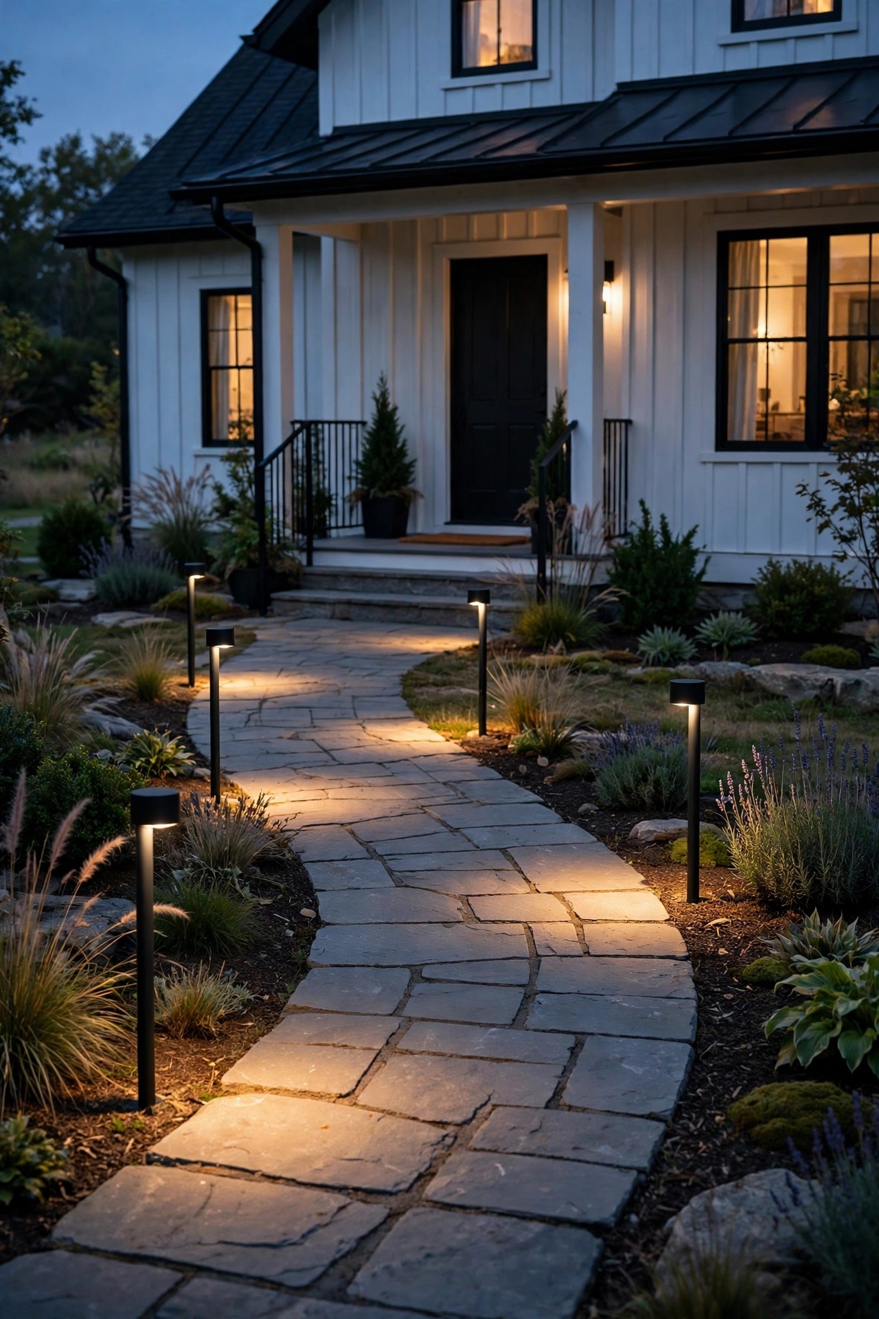 Sleek black modern path lights casting warm pools of light along a farmhouse front walkway