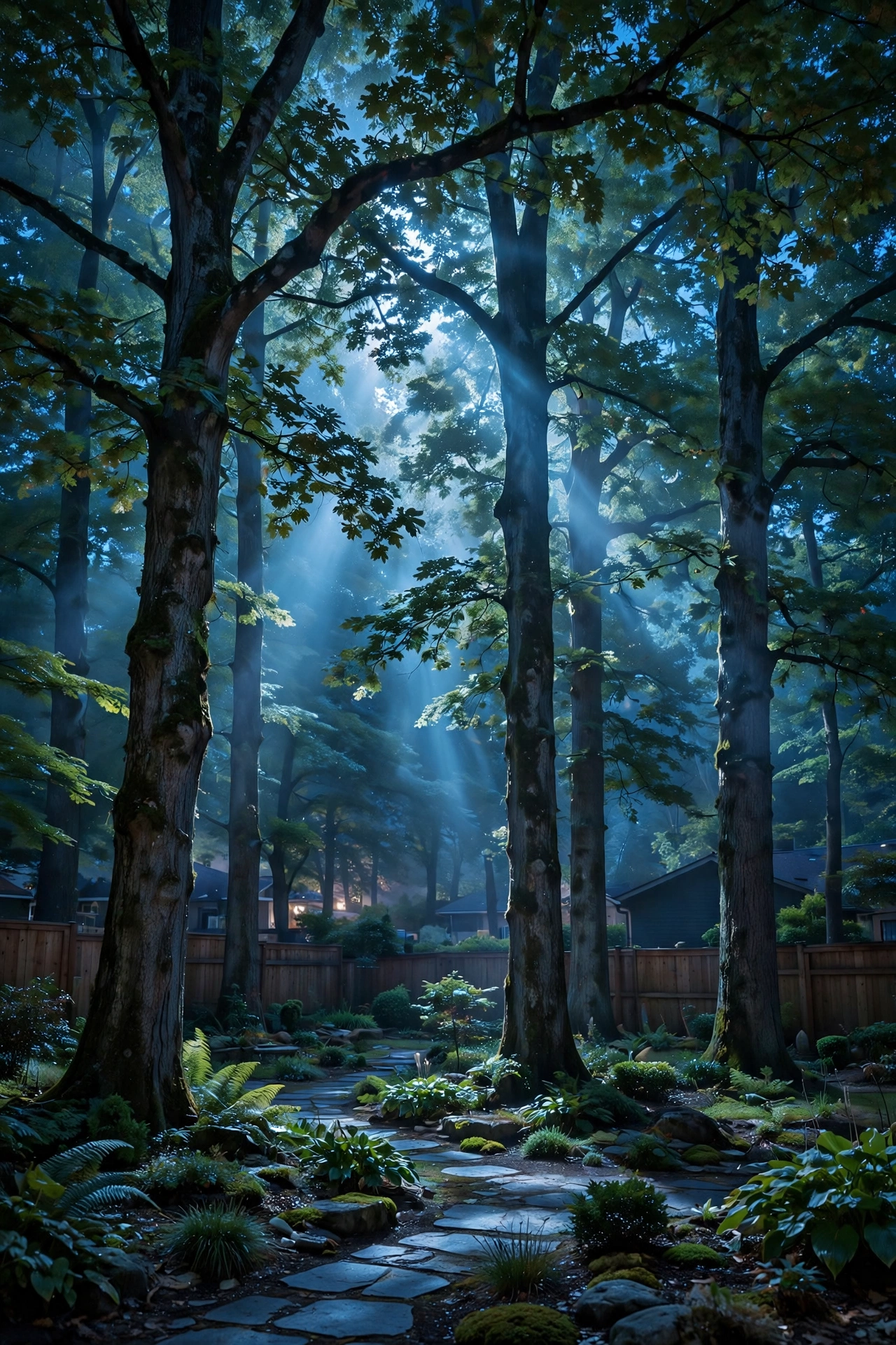 Cool moonlight effect from 4000K downlights hidden high in trees dappling light across a lawn at night