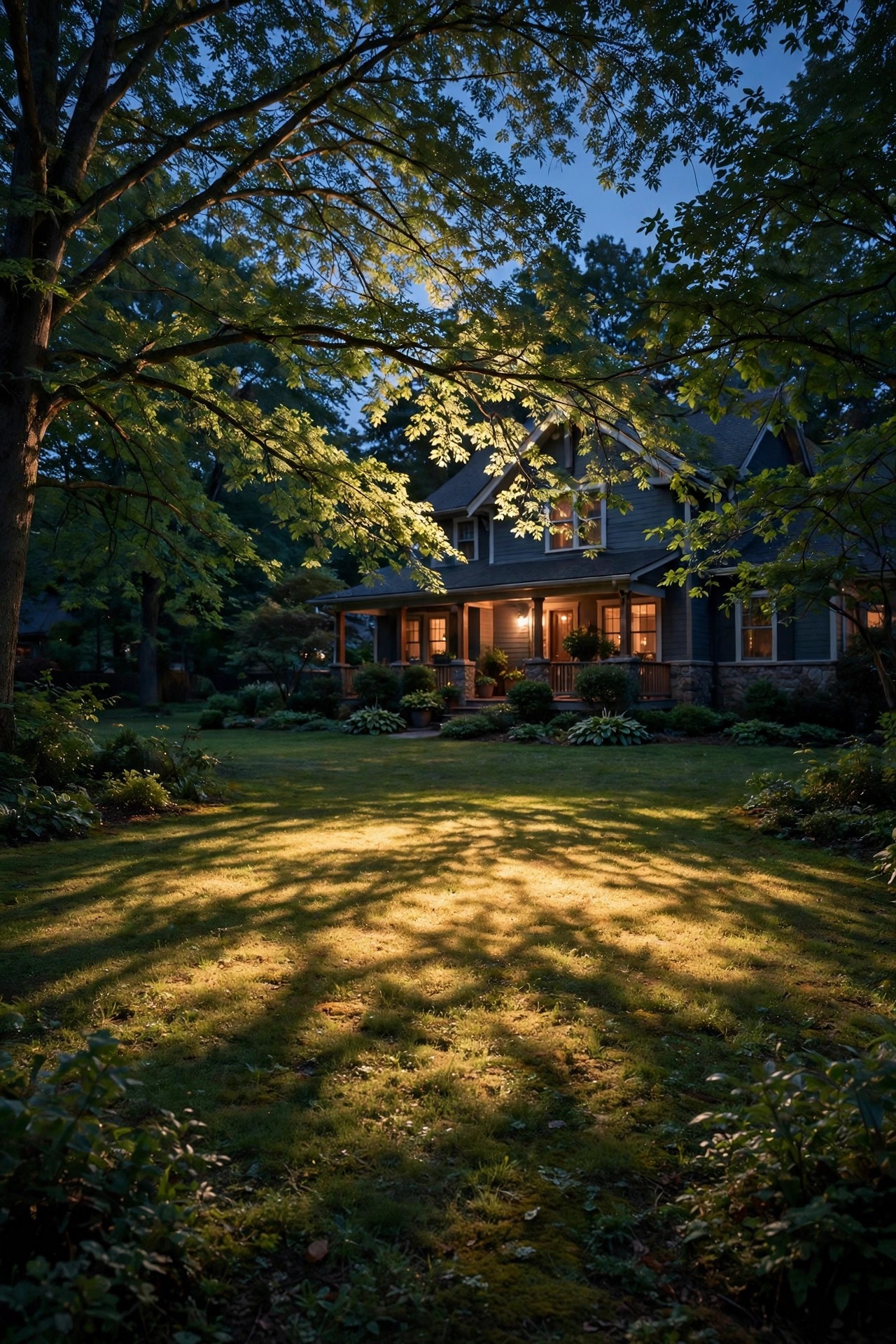 Soft moonlighting shining down through tree branches onto a front lawn, creating a wide dappled pool of warm light