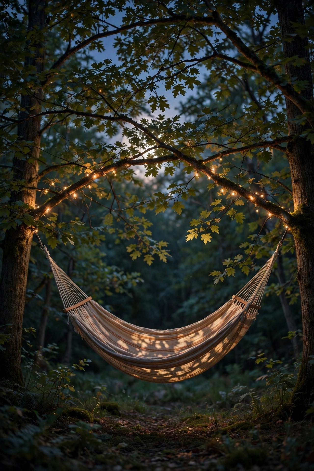 Soft moonlight-style light filtering through tree branches onto a hammock below on a quiet evening