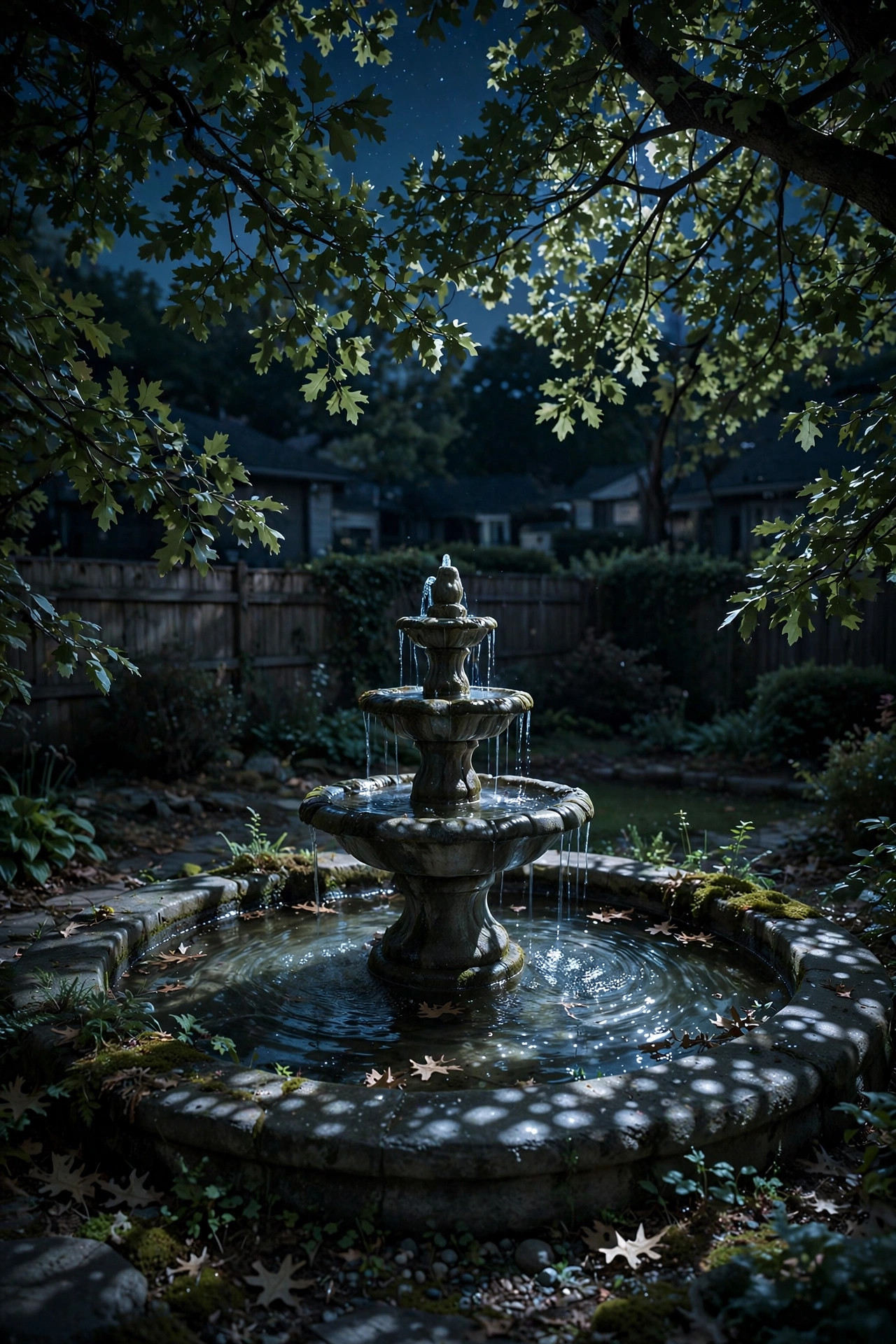 moonlight effect downlighting from a tree onto a fountain at night