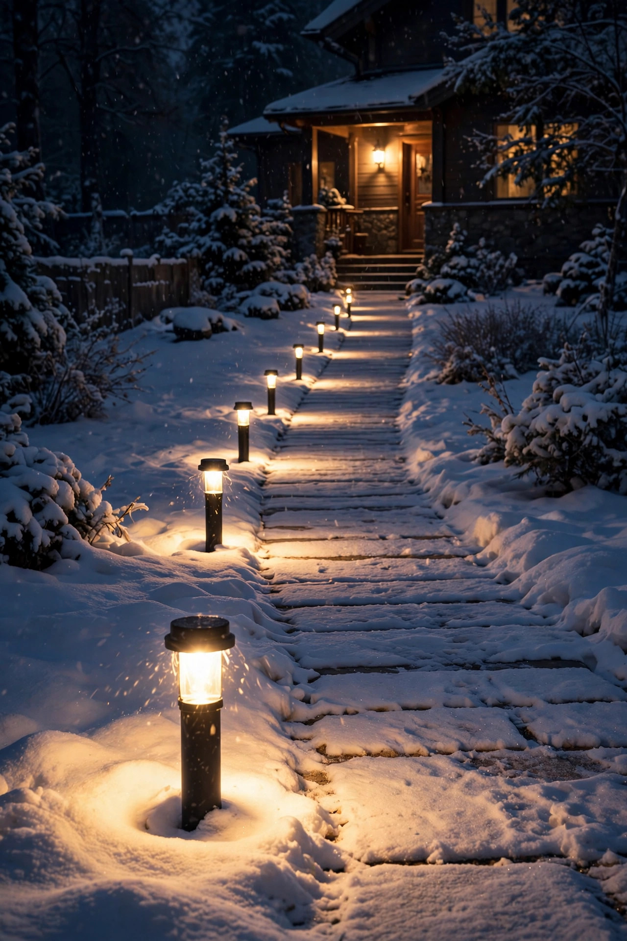 Motion sensor path lights glowing along a backyard garden walkway as evening falls