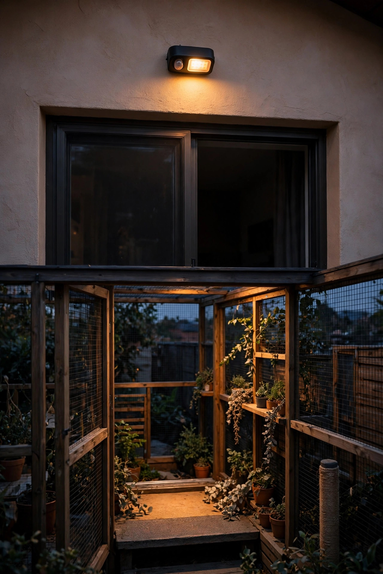 Small motion sensor light above a balcony door softly lighting the step into a catio at dusk