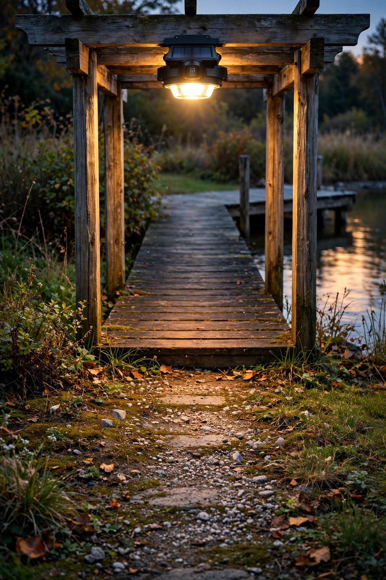 Motion-sensor solar light brightening over the entrance of a wooden dock as the path from the yard meets the boards