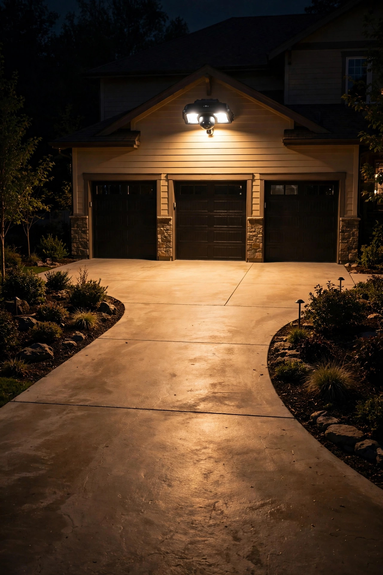 Motion-sensor floodlight above the center bay of a three-car garage lighting the whole driveway apron