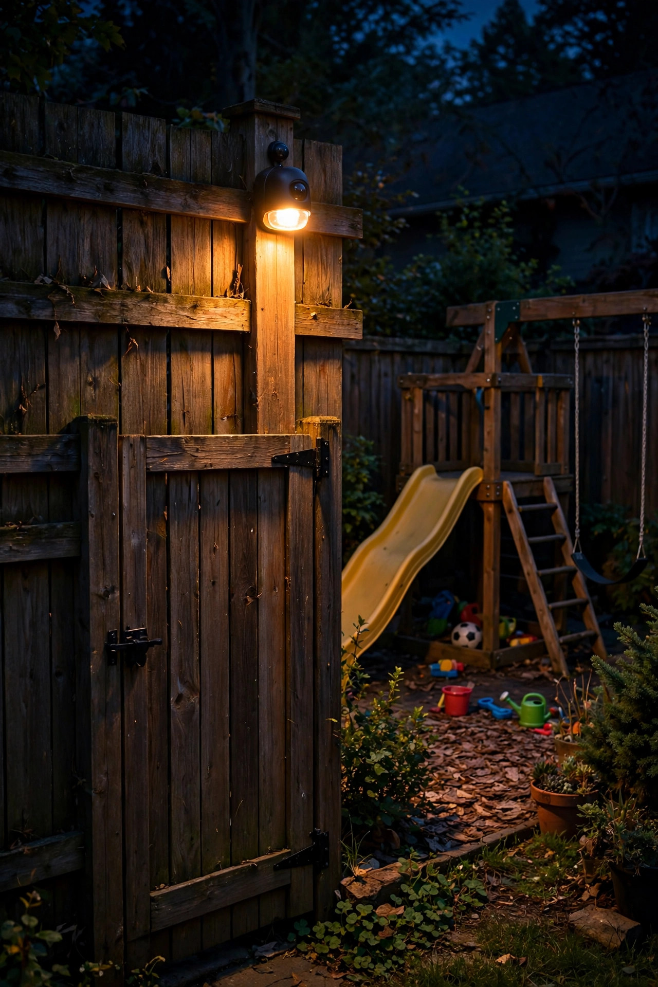 Motion sensor light glowing above a backyard gate beside a play area at night