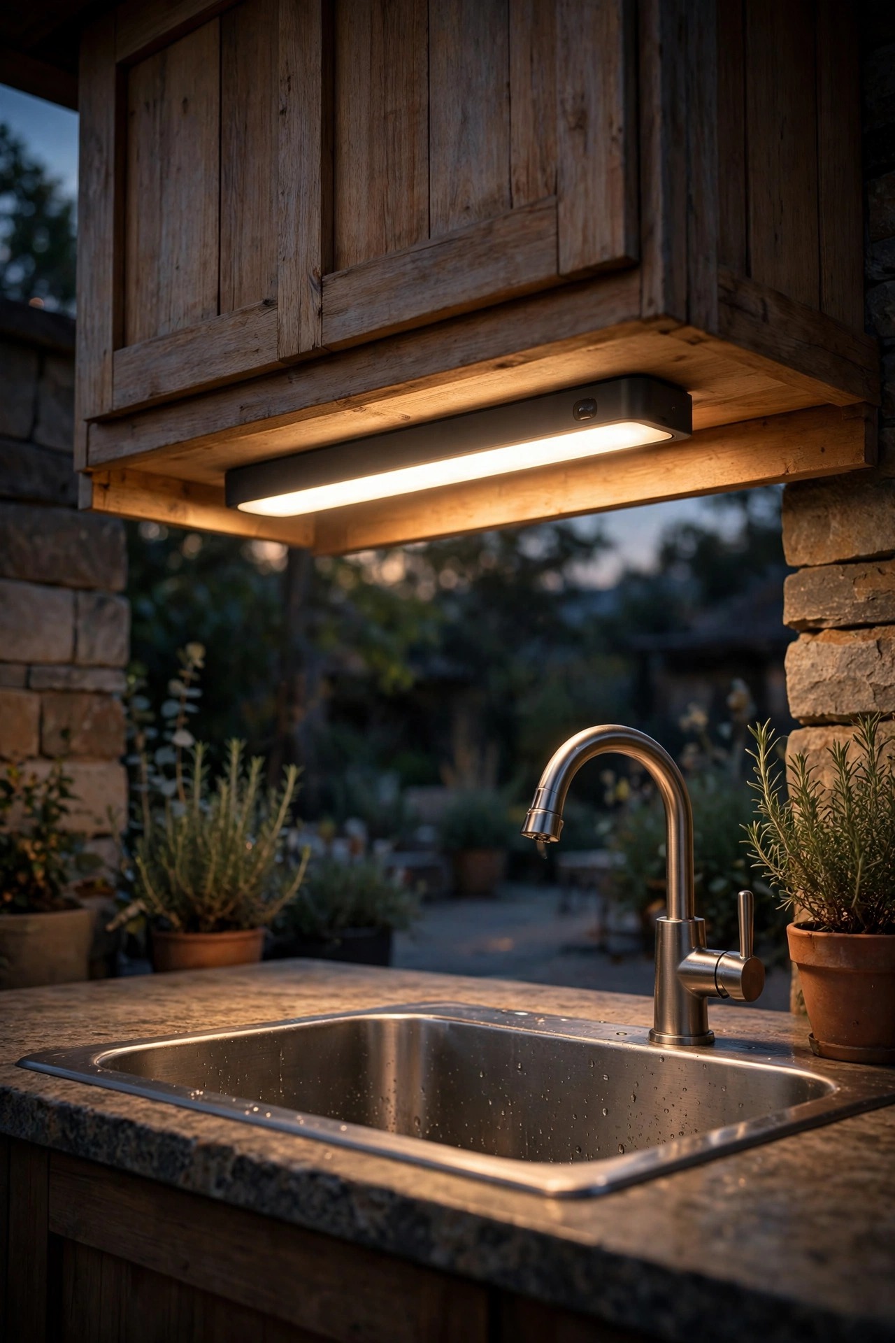 Motion-sensor wall light glowing warmly above a side yard gate, illuminating stepping stones and gravel below