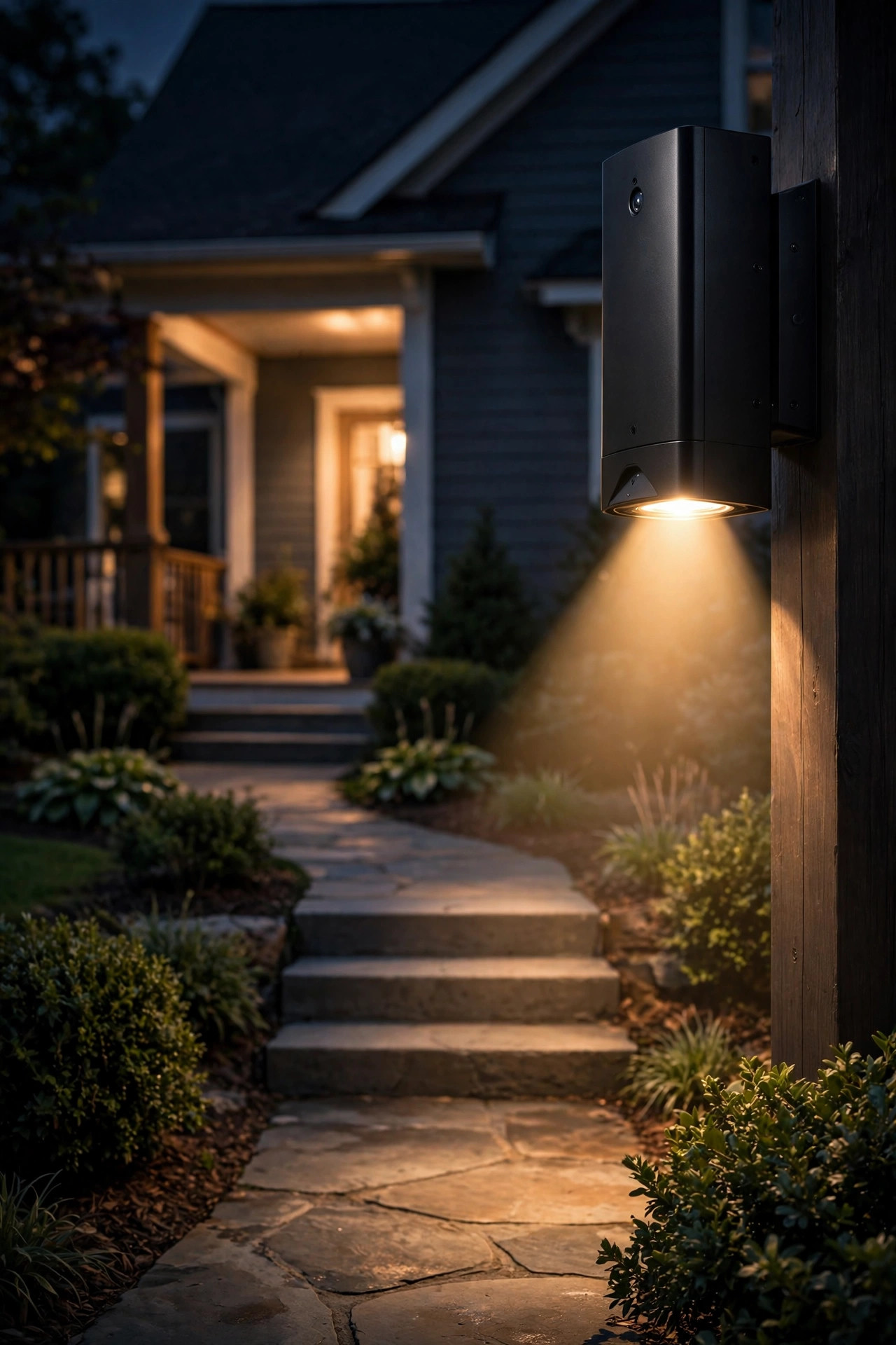 Motion-sensor security light illuminating a front porch walkway at night