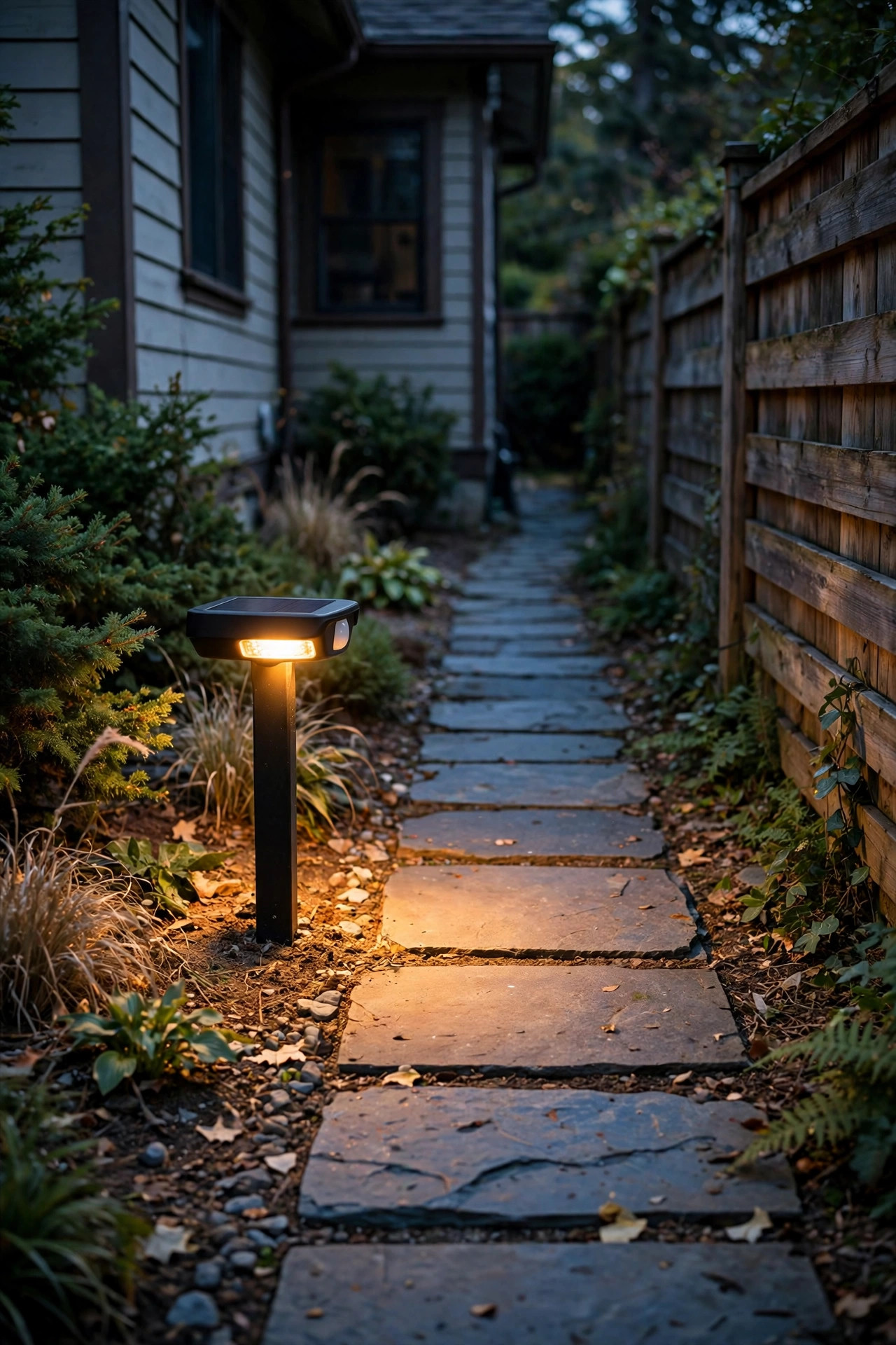 Motion-sensor solar light on a short post illuminating a side-yard path as evening falls