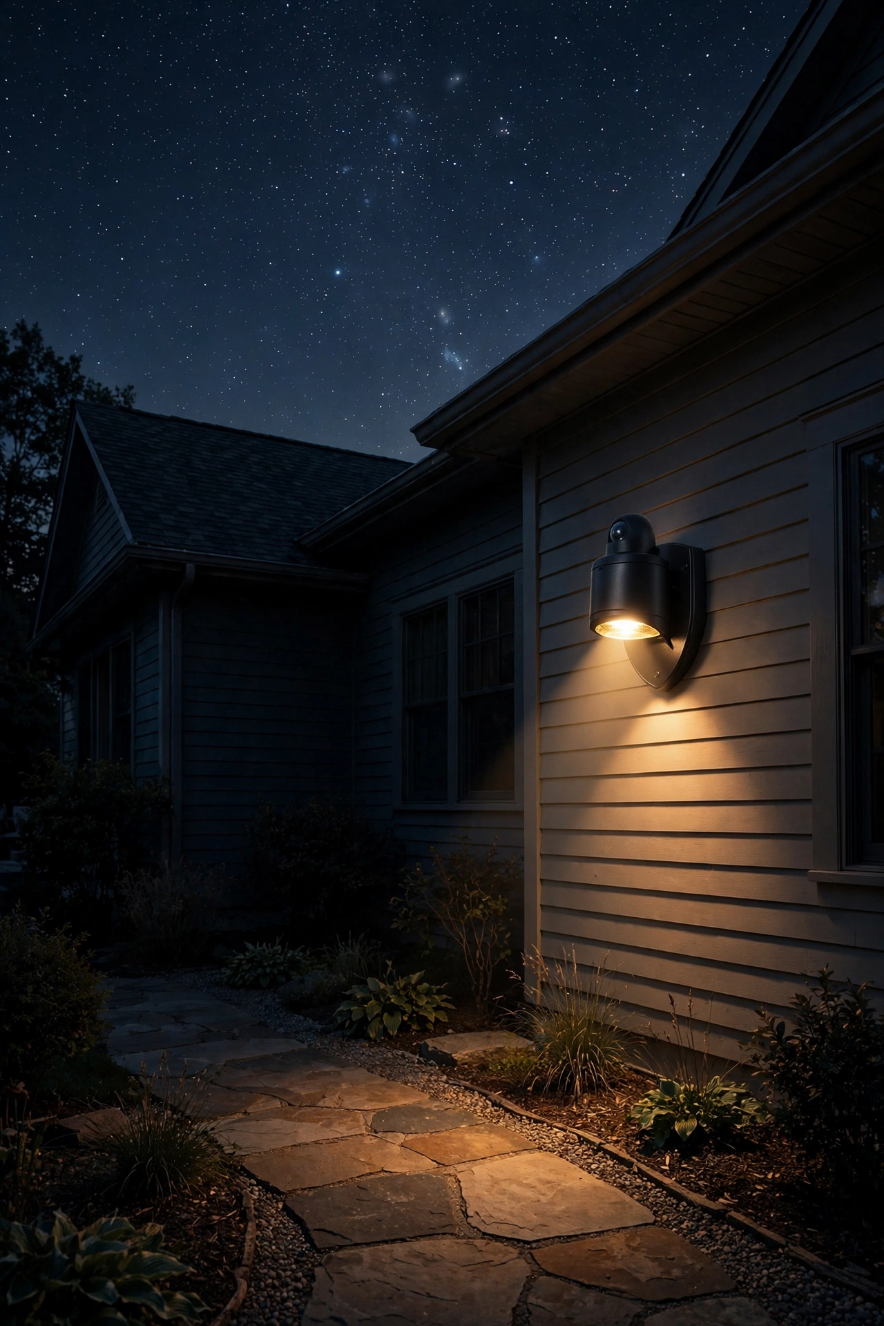 Motion sensor dark sky outdoor lighting fixture mounted on a house wall at night with warm downward glow