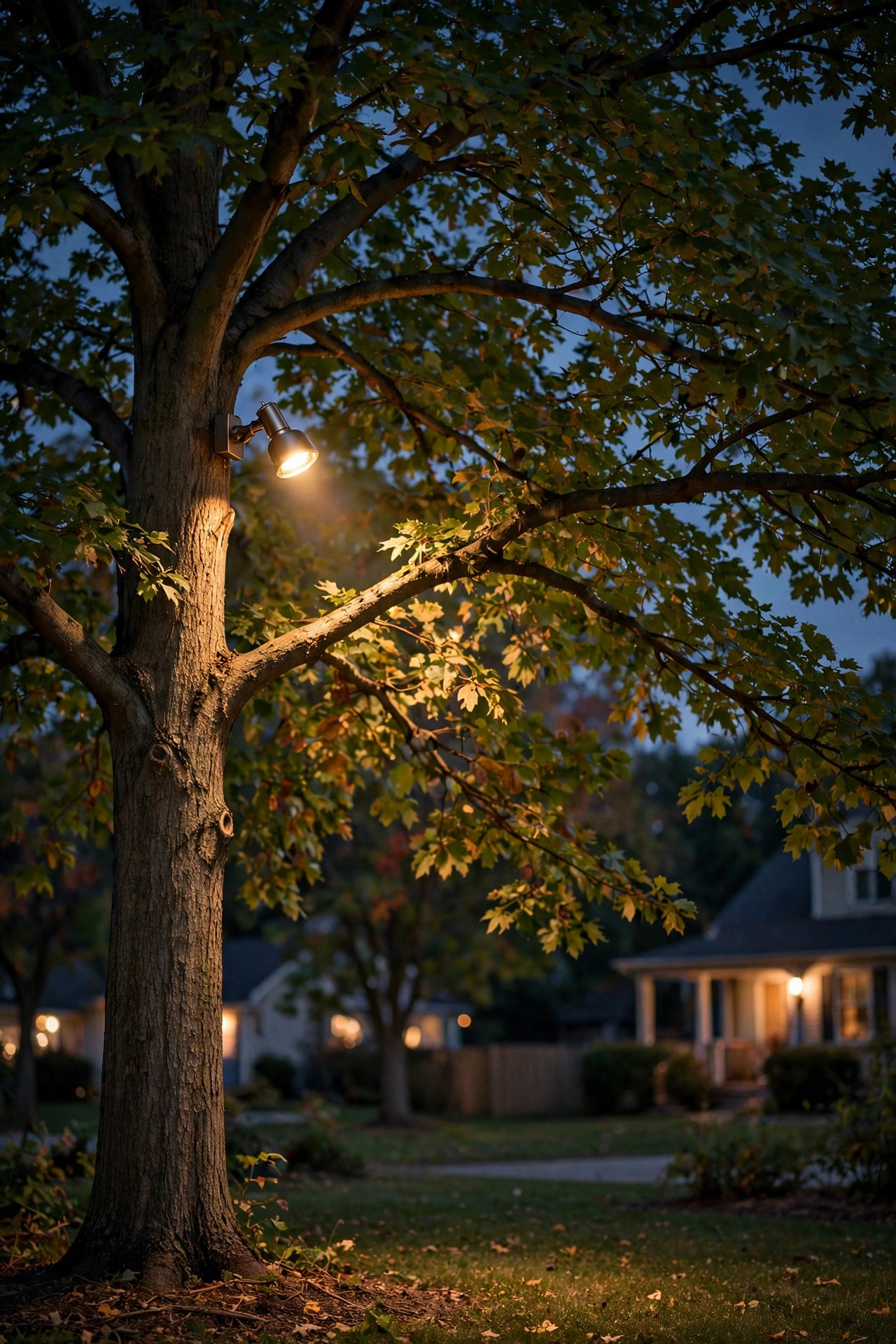 Side view of a tree at night showing a moonlighting fixture mounted 20 feet high aimed downward through the canopy at an outward angle