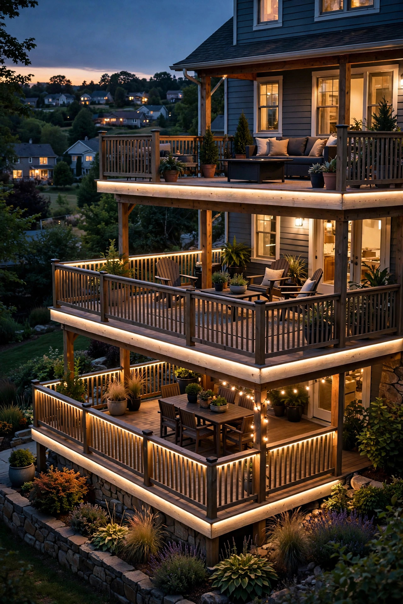 Multi-level deck with separate glowing under rail LED zones on each tier at dusk