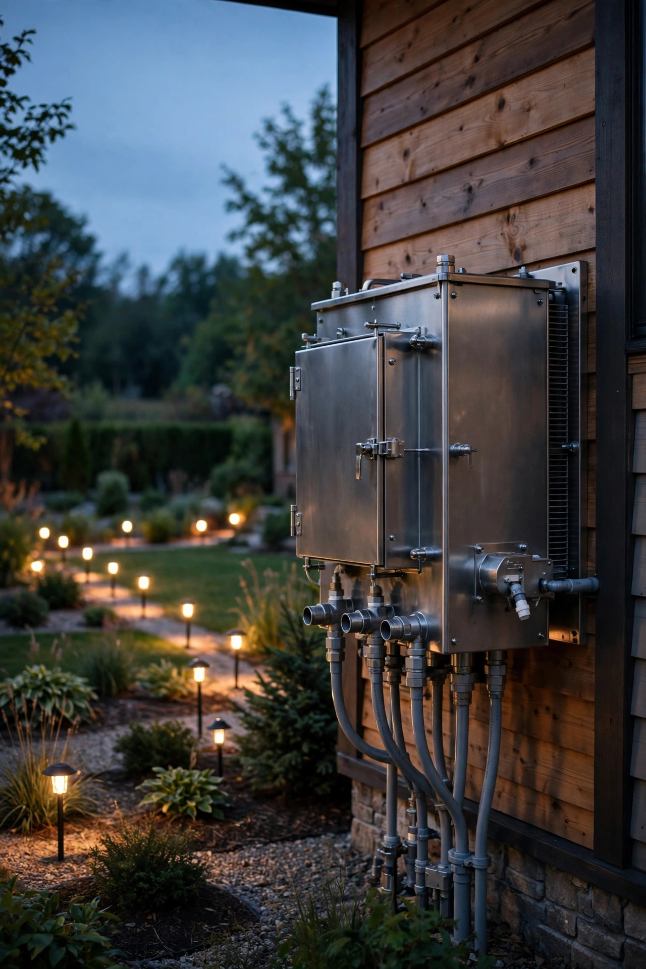 Stainless steel multi-tap low-voltage transformer mounted beside a house exterior at dusk, with garden lights glowing evenly across the yard