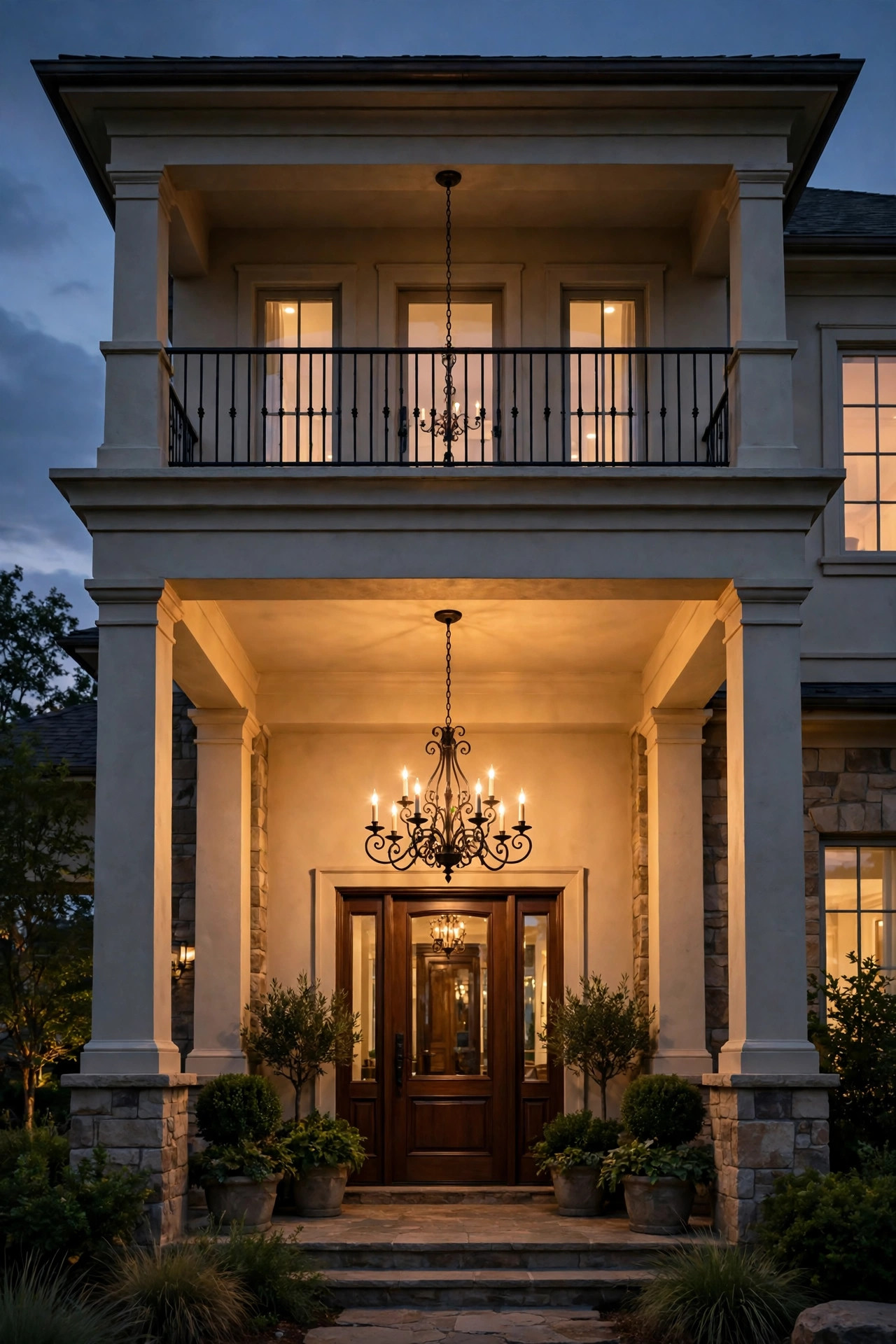 Elegant candle-style outdoor chandelier glowing above a two-story portico entry at dusk