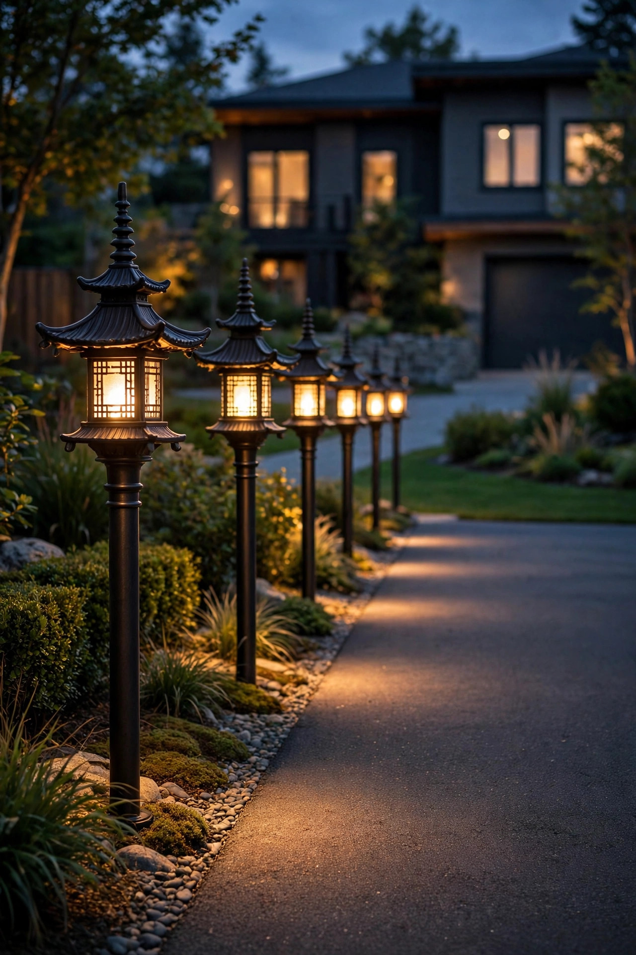 Tall pagoda-style bollard lights marking the edge of a residential driveway at dusk