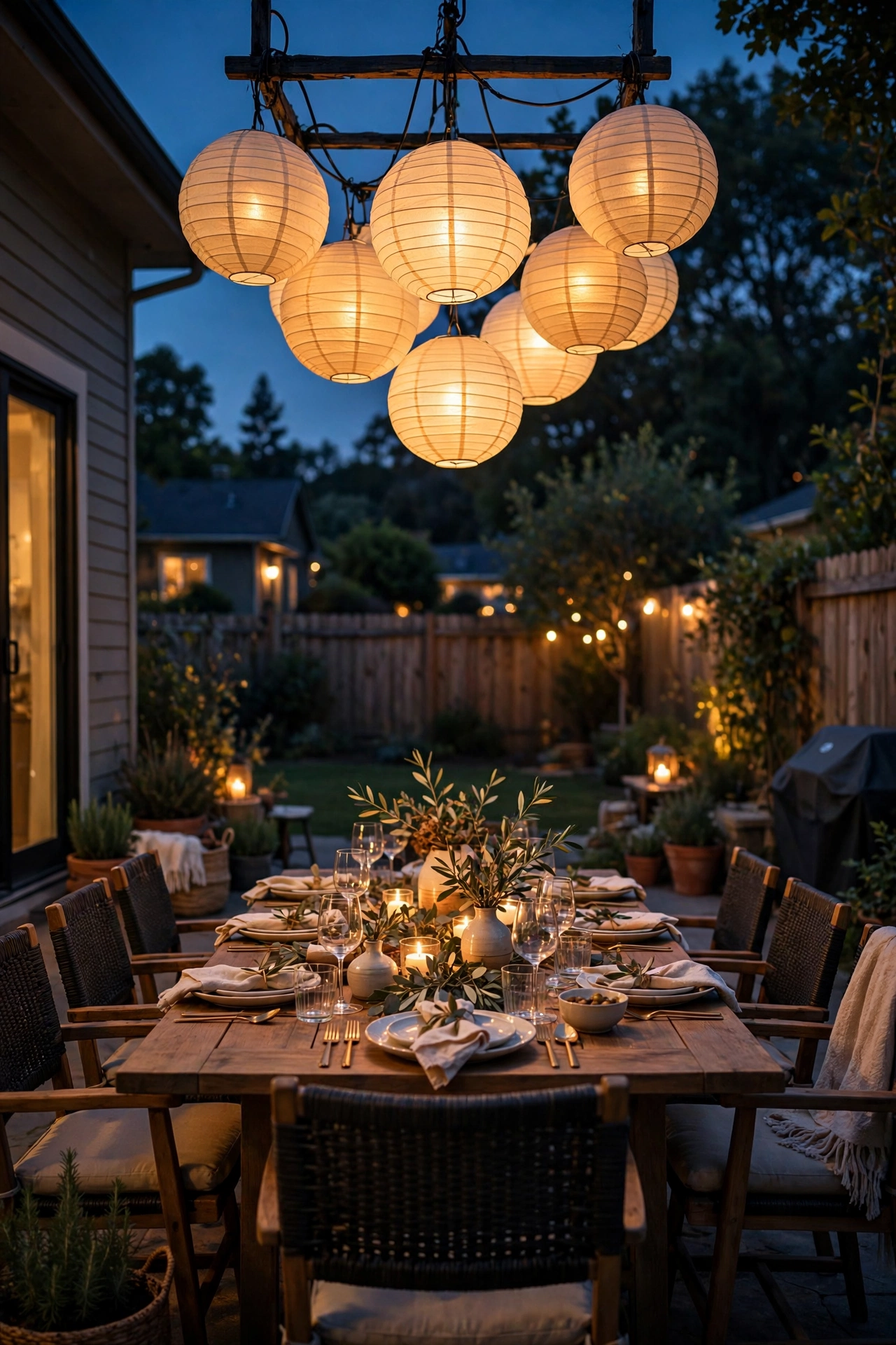 Paper lantern chandelier glowing over a backyard party dining table at night