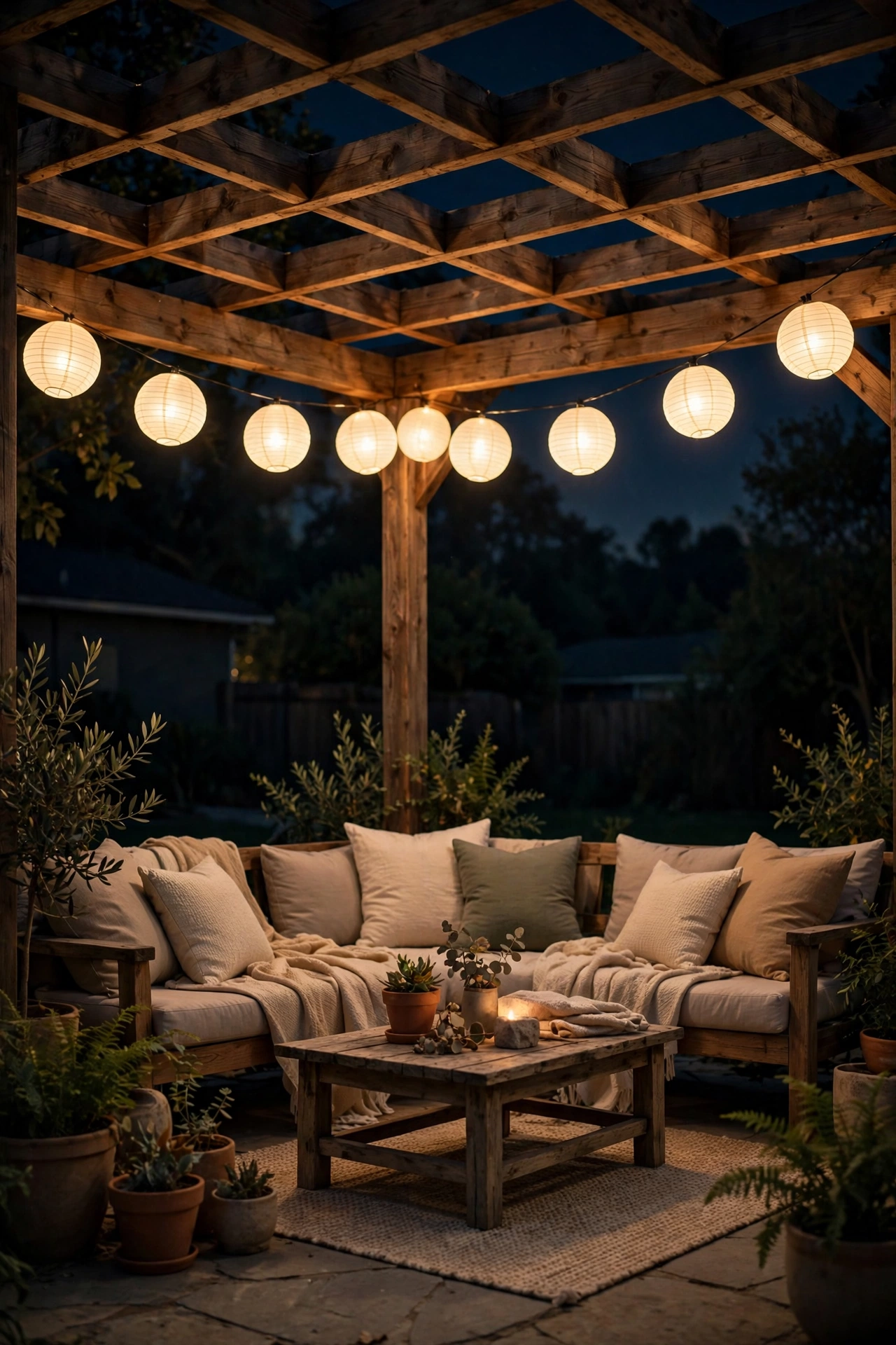 Round paper lantern string lights glowing softly under a patio pergola at night