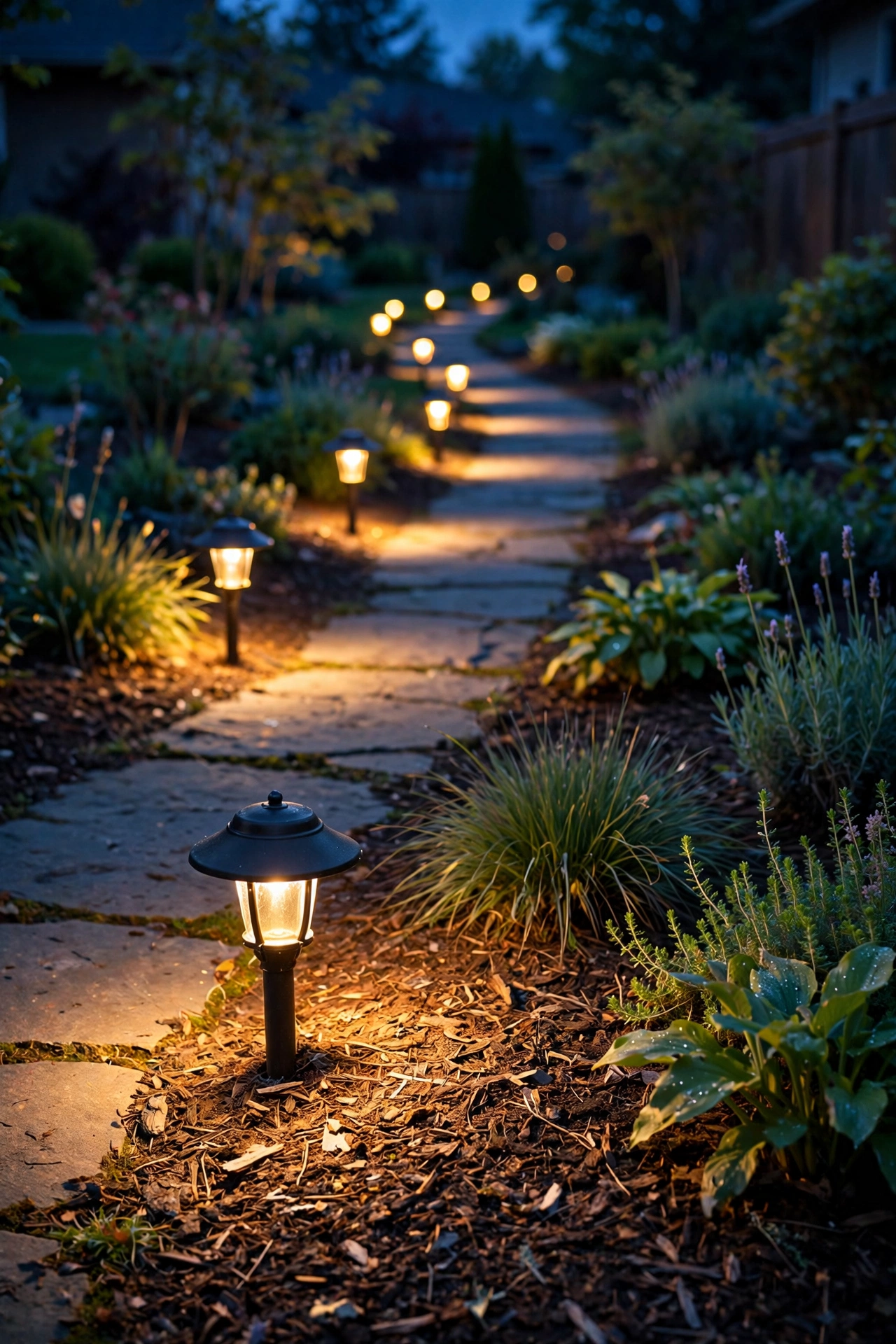 Measuring tape on the ground showing six-foot spacing between low-voltage path lights along a walkway