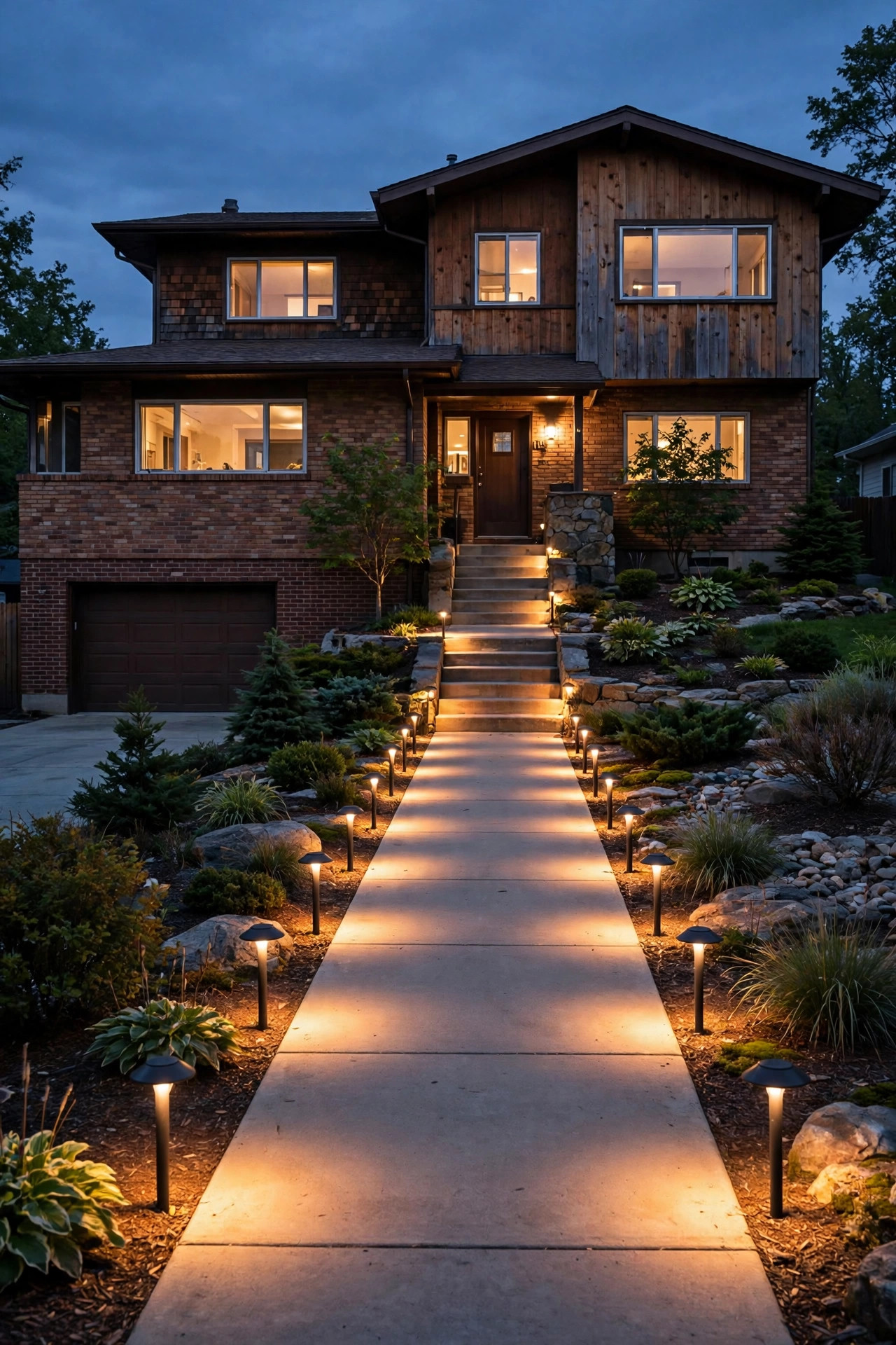 Low warm path lights lining the front walkway leading toward the entry steps of a split-level house