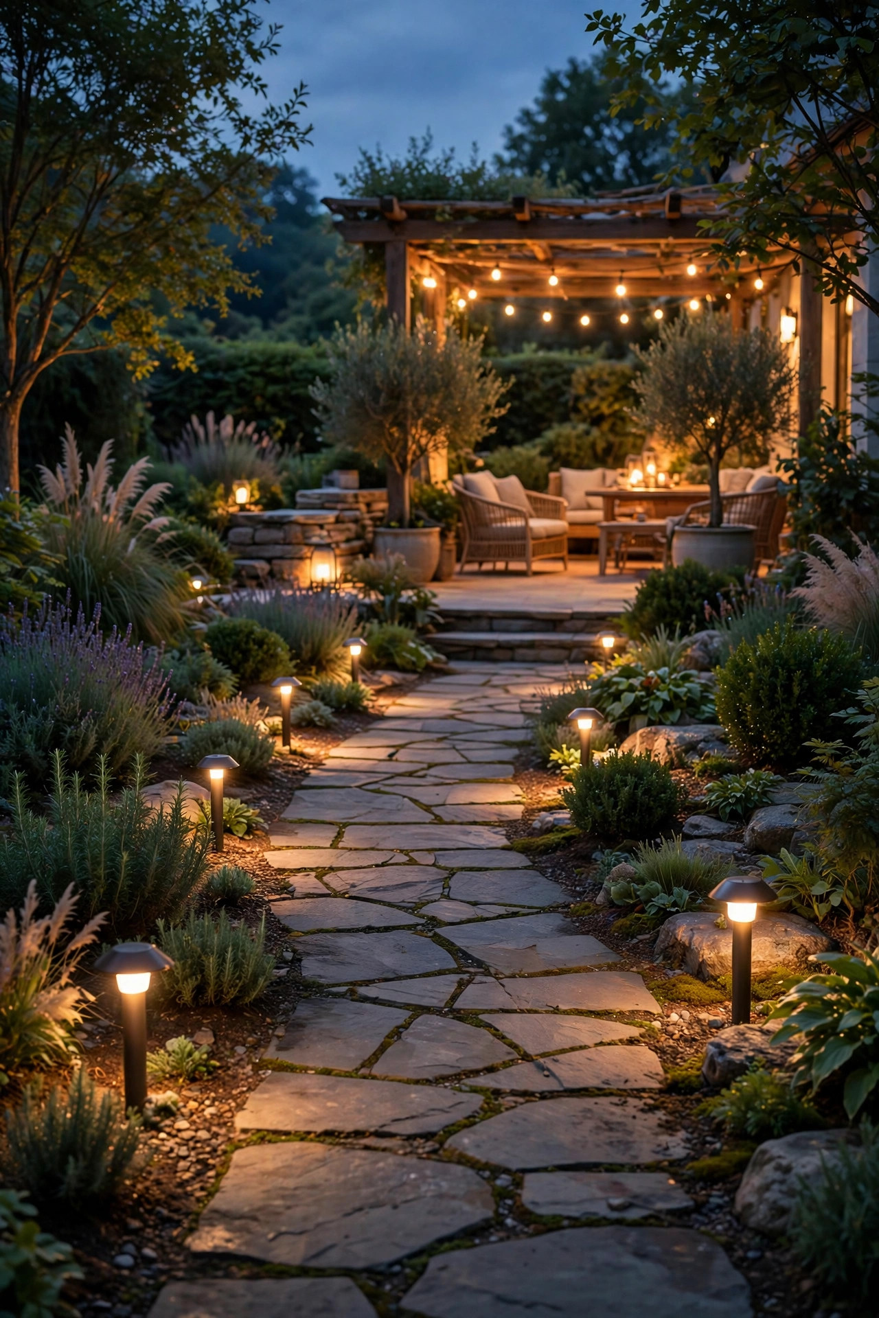 Low warm path lights staggered along a stone garden walkway leading to a glowing patio at dusk